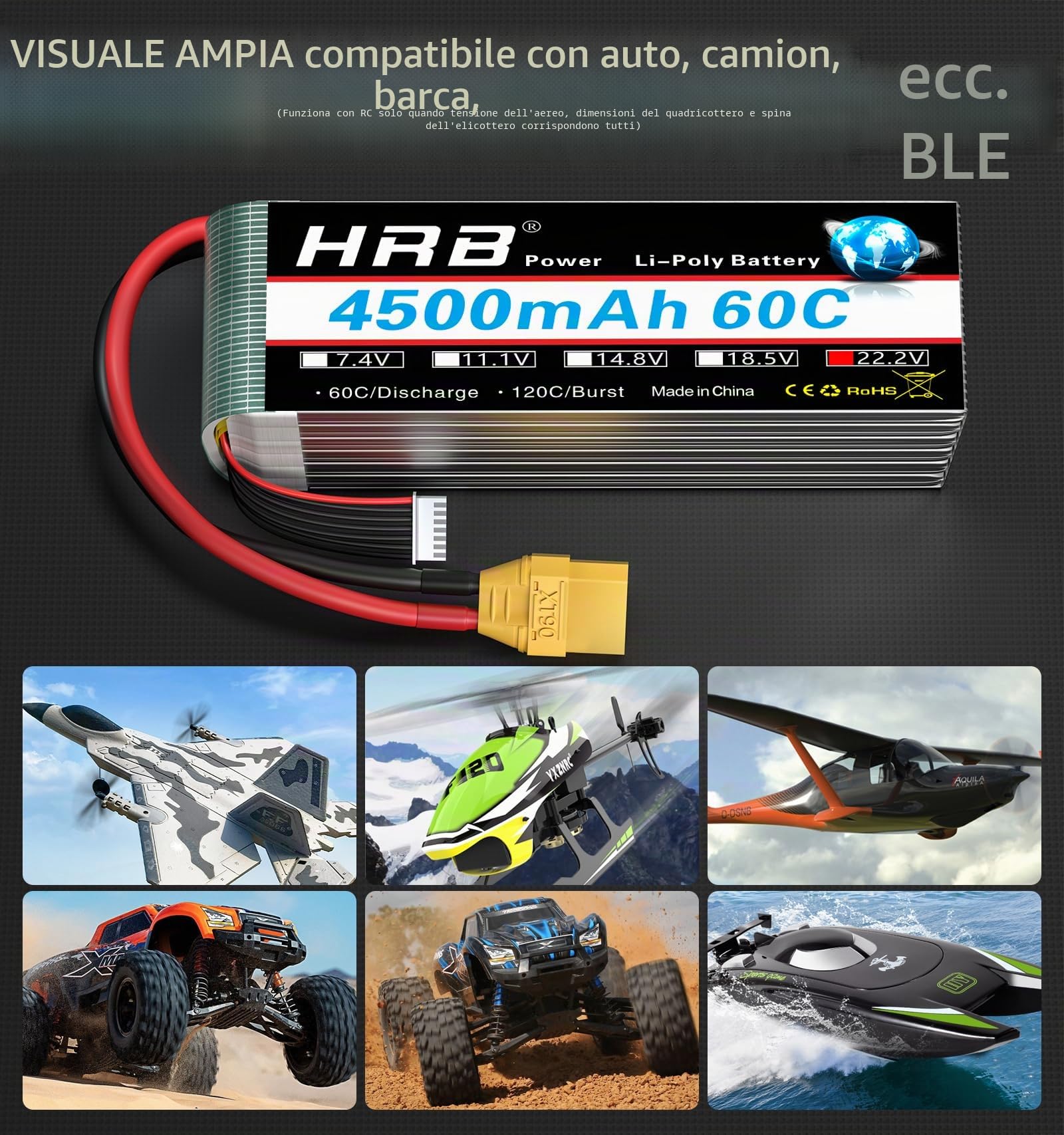 HRB 6S - Batteria Lipo 22,2 V, 4500 mAh, 60 C, con spina XT90, classe A+, per RC auto, aereo, passeggino, elicottero, camion, hobby, confezione da 2