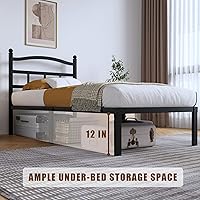 Vista 5 de Marco de cama de metal de 14 pulgadas, marco de cama resistente de tamaño individual con cabecero, plataforma de listones de acero básico negro,