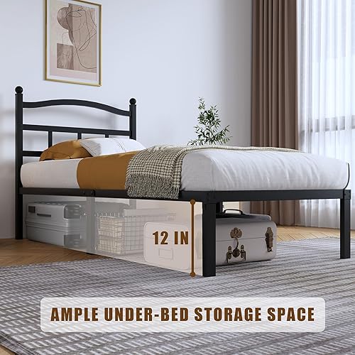 Miniatura 5 de Marco de cama de metal de 14 pulgadas, marco de cama resistente de tamaño individual con cabecero, plataforma de listones de acero básico negro, no