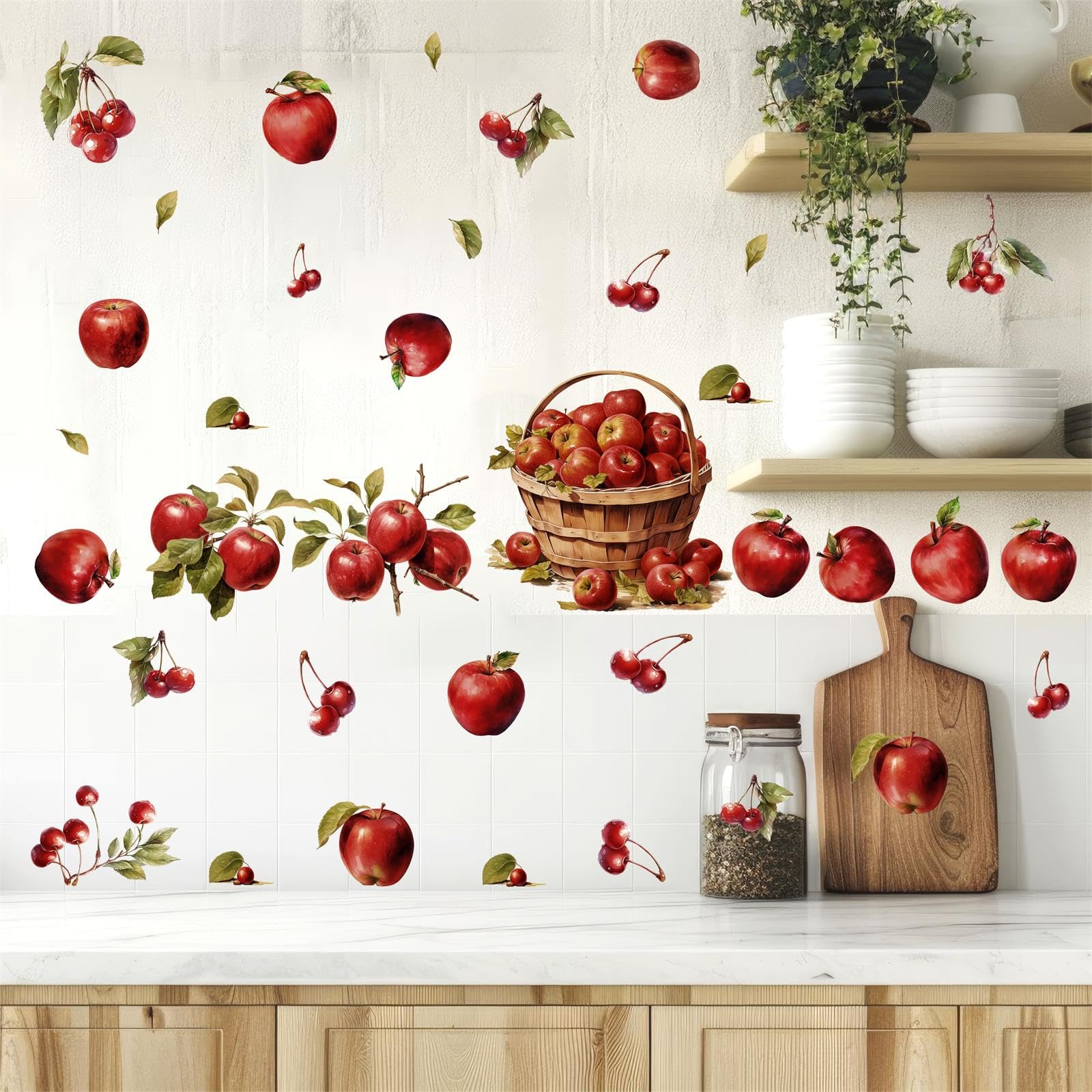Apple Wall Stickers Vintage Fruit Wall Sticker Watercolor Red Cherry Apples Decals Peel and Stick Kitchen Stickers Retro Country Fruit Wall Decals for