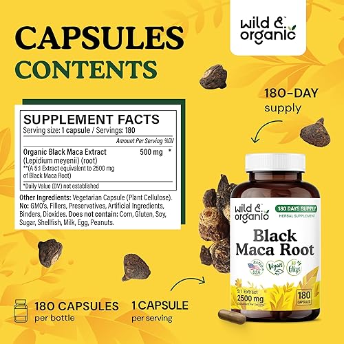 Miniatura 3 de Wild & Organic Cápsulas de raíz de maca negra para hombres y mujeres de 500 mg - Apoyo general para hombres y mujeres - Suplemento de polvo de maca