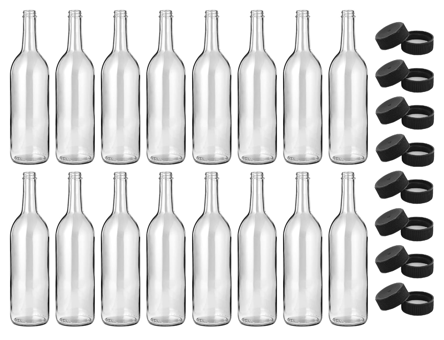 North Mountain Supply 750ml Clear Glass Bordeaux Wine Bottle Flat-Bottomed Screw-Top Finish - with 28mm Black Plastic Lids - Case of 16 - Fits 3 Gallons of Wine