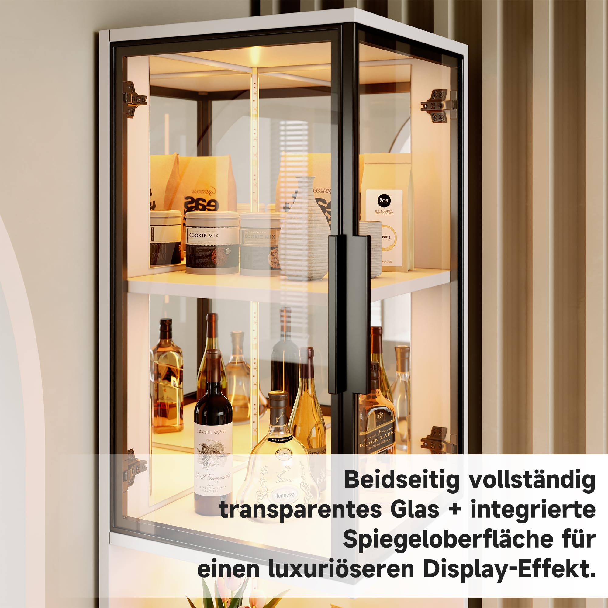 LED-Glasvitrine, 205 cm hoch, mit Glastüren und Spiegelrückwand