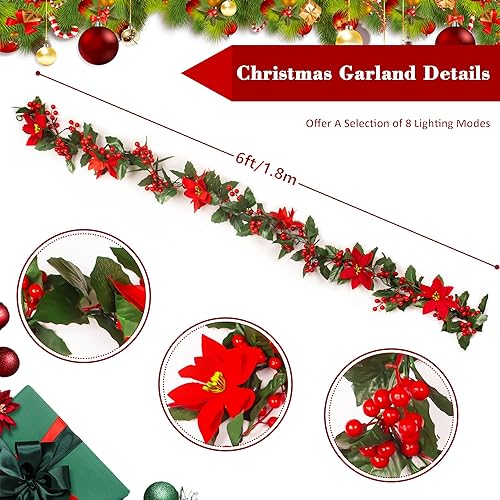 Miniatura 3 de Guirnalda de Navidad artificial preiluminada con luces, flores de Pascua de 6 pies, hojas de acebo, bayas rojas para árbol, chimenea, escalera