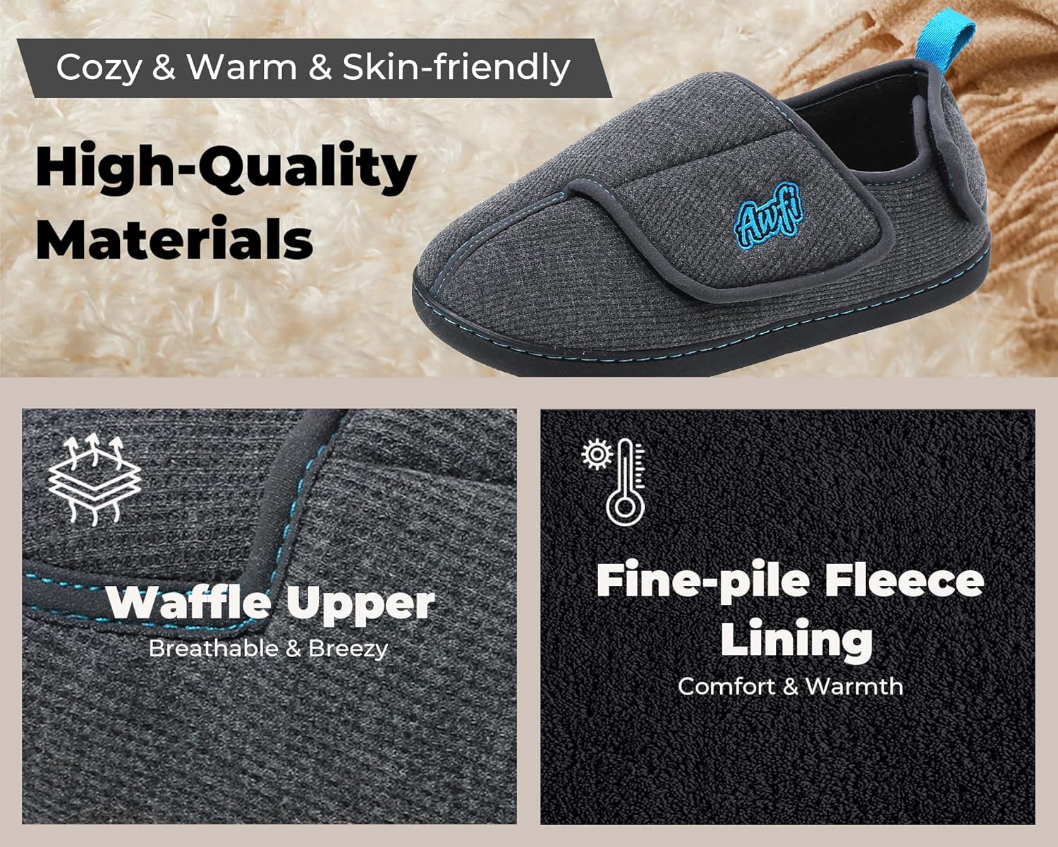 Mens Diabetic Slippers with Arch Support Extra Wide House Shoes Coolmax® Adjustable Slippers for Men Memory Foam Home Slipper Comfy Warm Swollen Edema Feet Indoor Outdoor Slip On Bedroom Shoes | Moisture-wicking | Breathable - Image 3