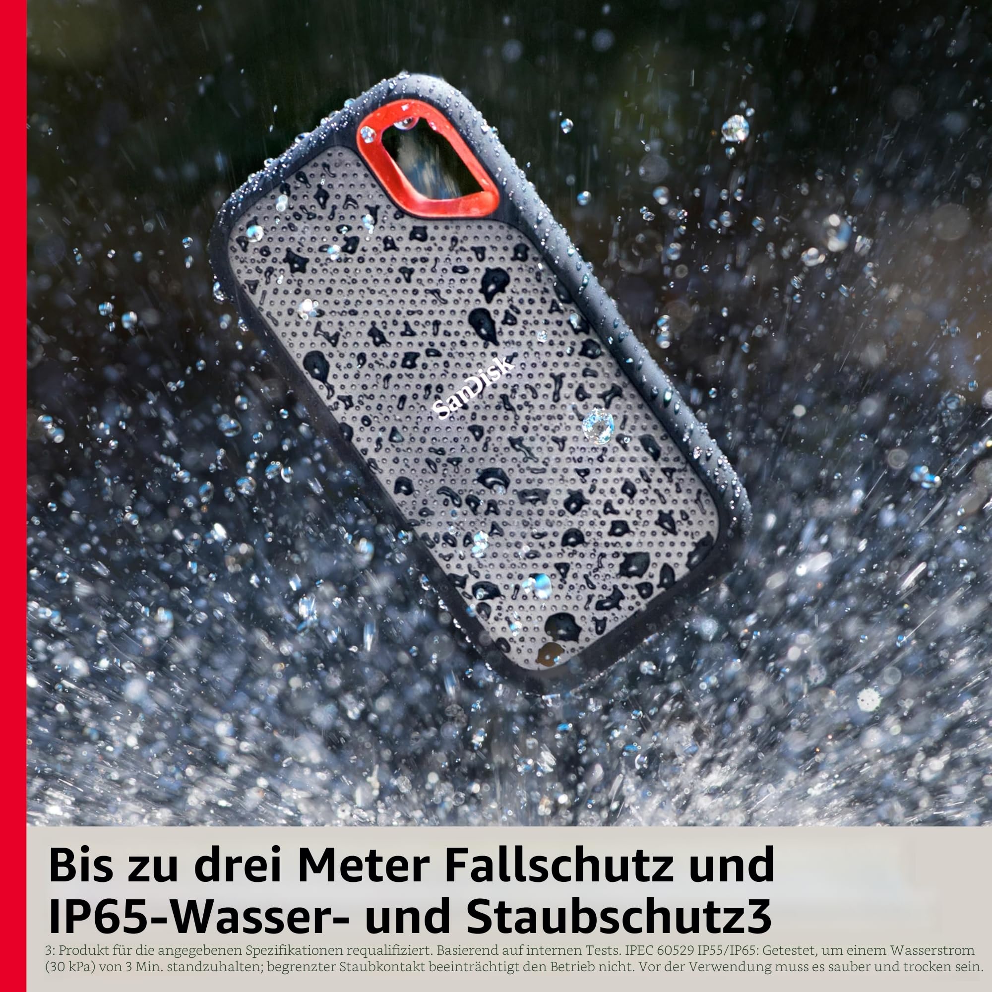 SANDISK Extreme Portable SSD 1 TB NVMe USB-C 1050 MB/s Lesen 1000 MB/s Schreiben wasserdicht staubdicht Schwarz