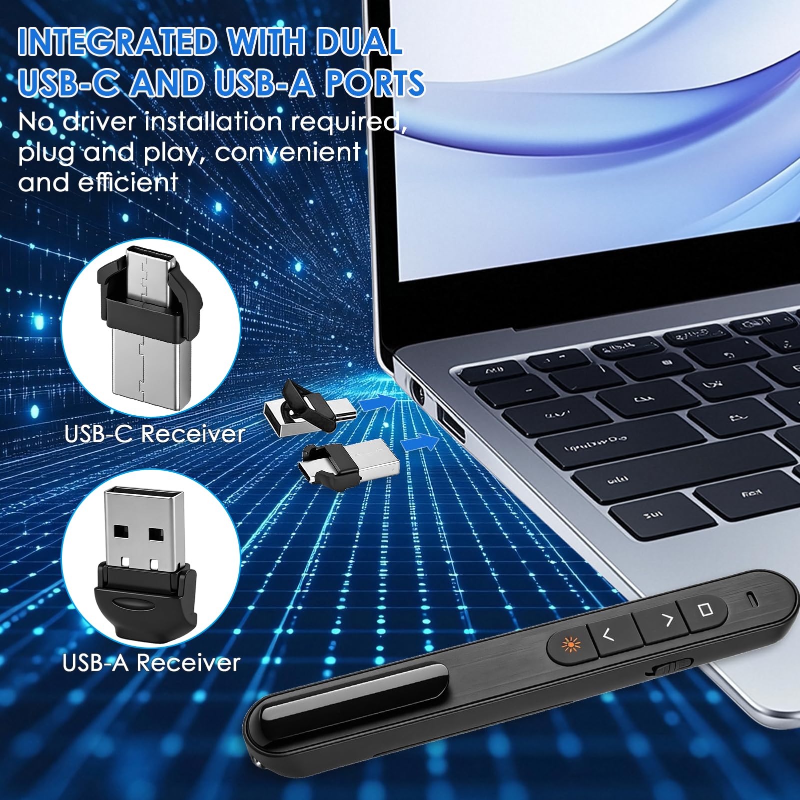 Télécommande de Présentation sans Fil 2-en-1 USB-C & USB-A, Pointeur PowerPoint 2,4 GHz avec Contrôle du Volume et Hyperliens