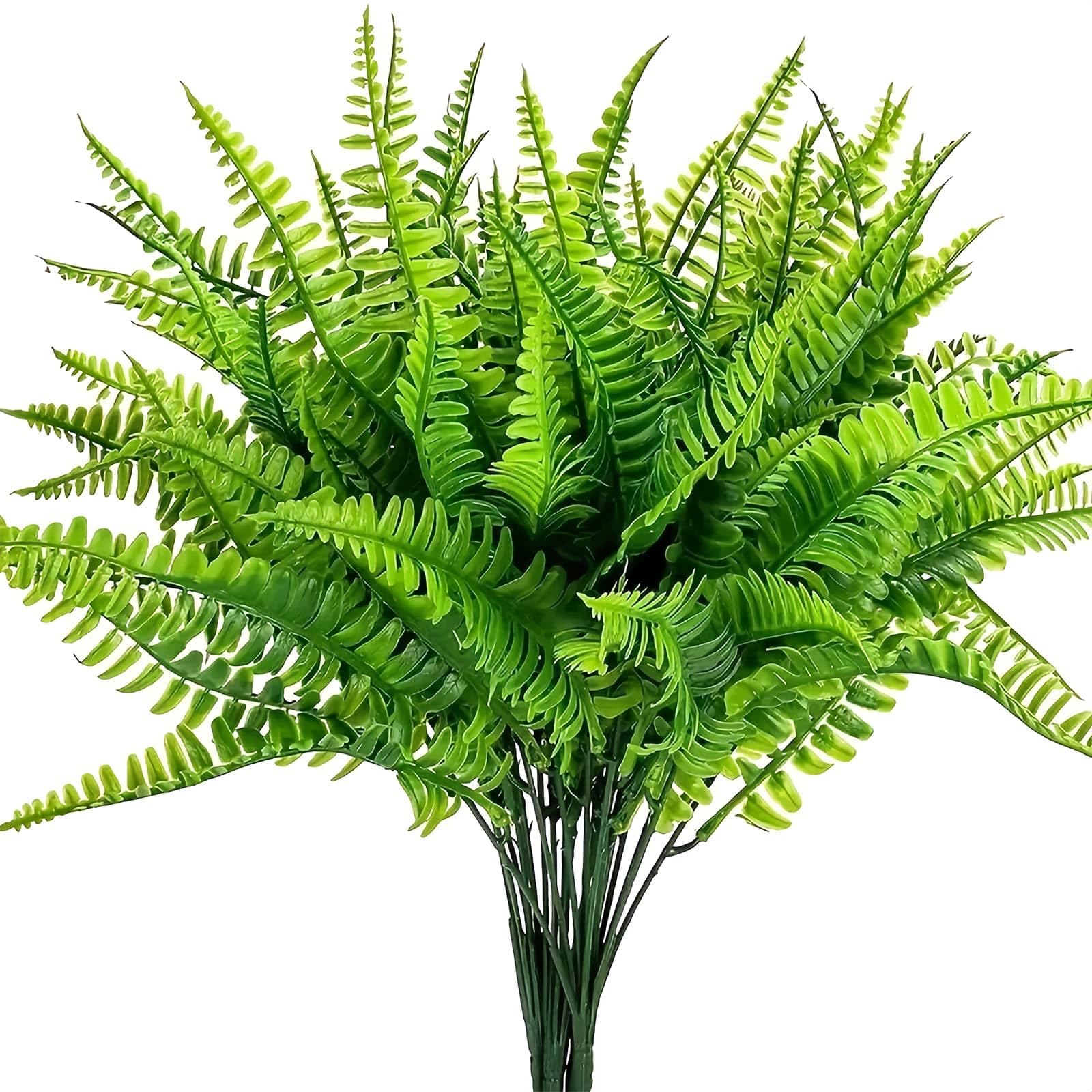 Weeloo Green Artificial Plants Ferns 15Pcs, Outdoor Artificial Fake Plants Uv Resistant Fake Boston Ferns Bushes Bush Bundle Yard Basket Planter Hanging Garden Planter Porch For Indoor & Outdoor Decorations