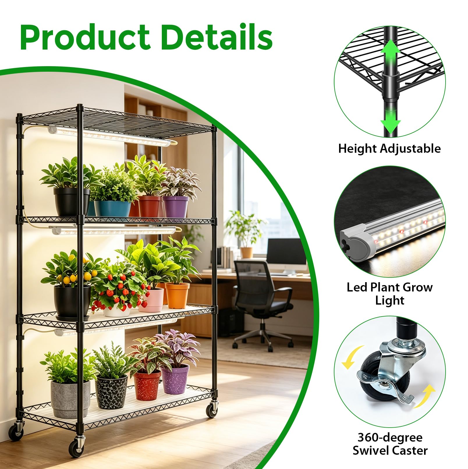 Soporte para plantas de 4 niveles con luz de cultivo, 60 x 35 x 120 cm. | estante metálico para plantas con luces de cultivo T8 de espectro completo de 36 W