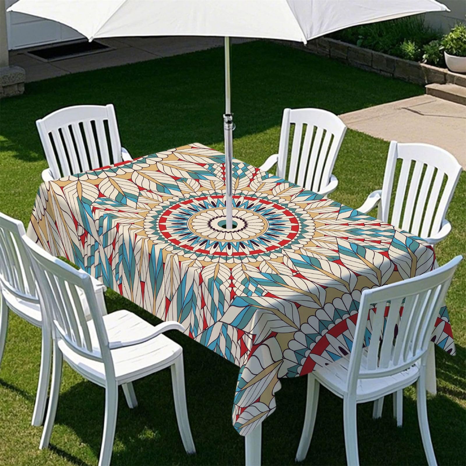 Morbuy Garden Tablecloth Rectangular with Umbrella Hole, Ethnic Style Outdoor Tablecloth with Zip, Waterproof Table Cloths Rectangle Stain Resistant Table Cloth (Bohemia Style,120x60inch)