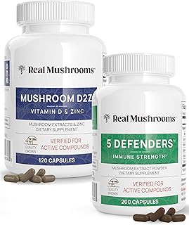 Real Mushrooms Vitamin D2, Zinc (120ct) and 5 Defenders (200ct) Bundle - with Turkey Tail, Shiitake, Reishi, Chaga, Maitake - Natural Immune Strength Supplement - Vegan, Gluten Free, Non-GMO