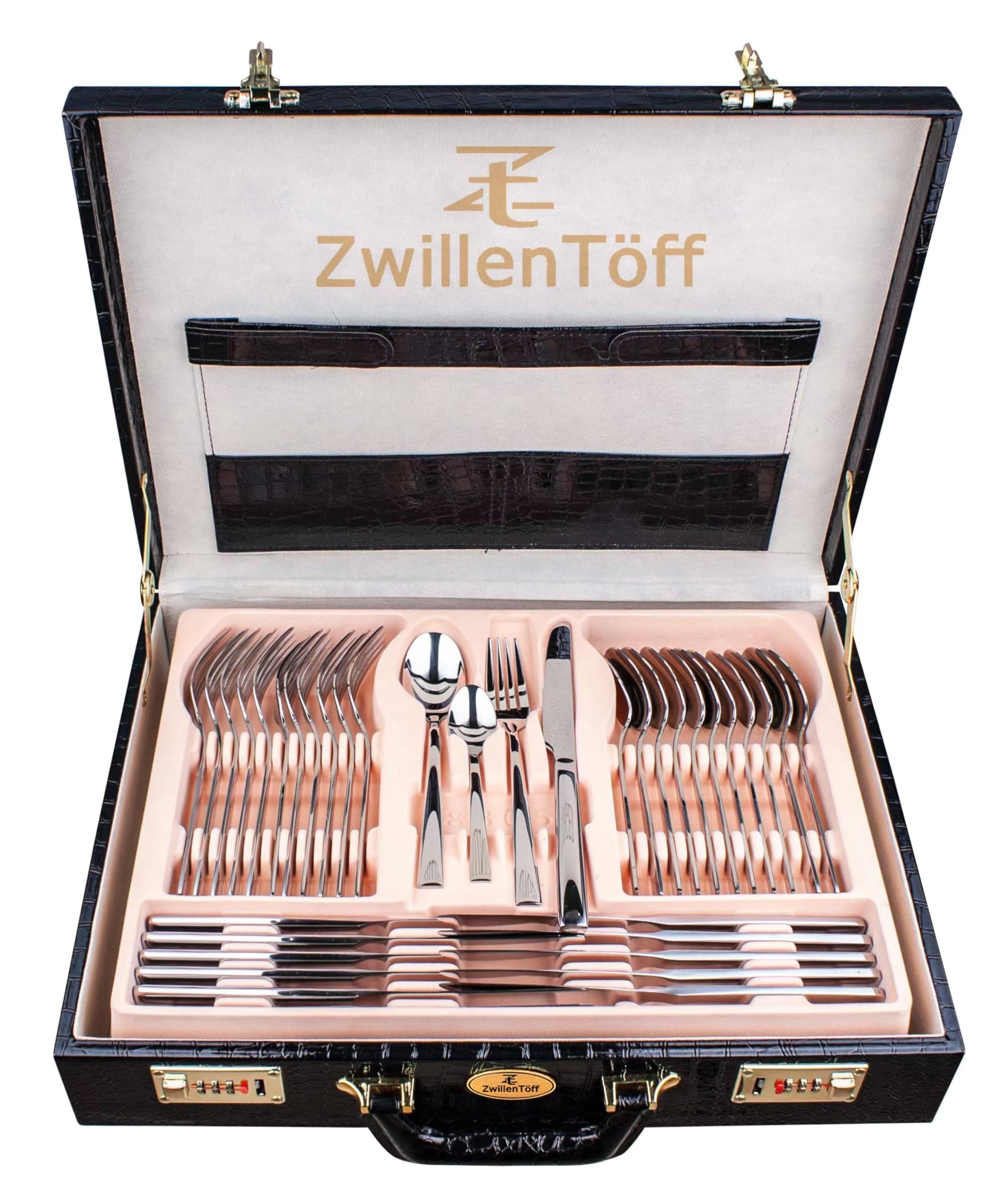 Besteck Set 72-teilig für 12 Personen, Edelstahl, Silber | Hochglanzpoliertes Besteckset im Koffer, spülmaschinenfest, für festliche Anlässe und Alltag