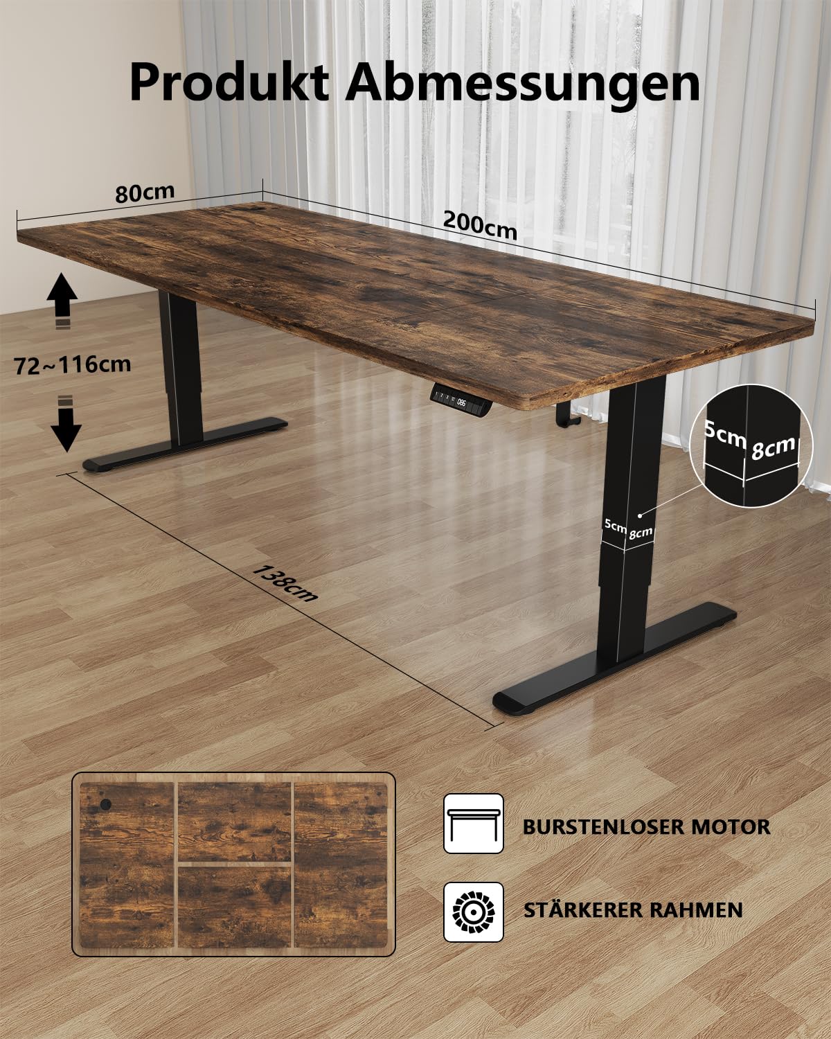Flamaker Escritorio de Altura Regulable, Altura Ajustable, Mesa de Trabajo, telescopio de 2 Niveles, Escritorio de pie con Control de Memoria, Tablero de Empalme (Madera, 200 x 80 cm)