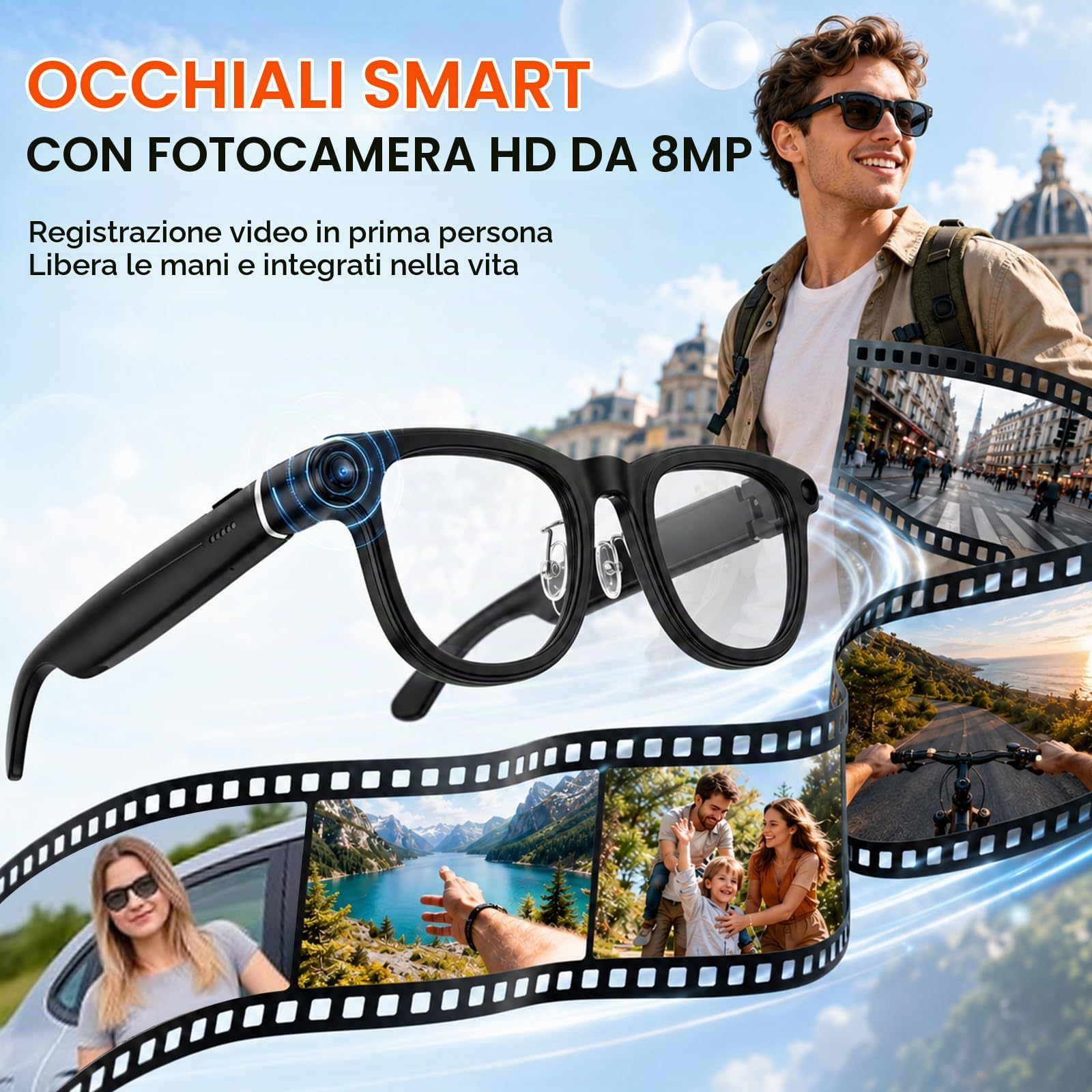 AI Smart Glasses con fotocamera, occhiali per registrazione video 4K HD, traduzione in tempo reale in 163 lingue, assistente vocale GPT KI, Bluetooth, con controllo vocale, fotocromatico UV400 Smart