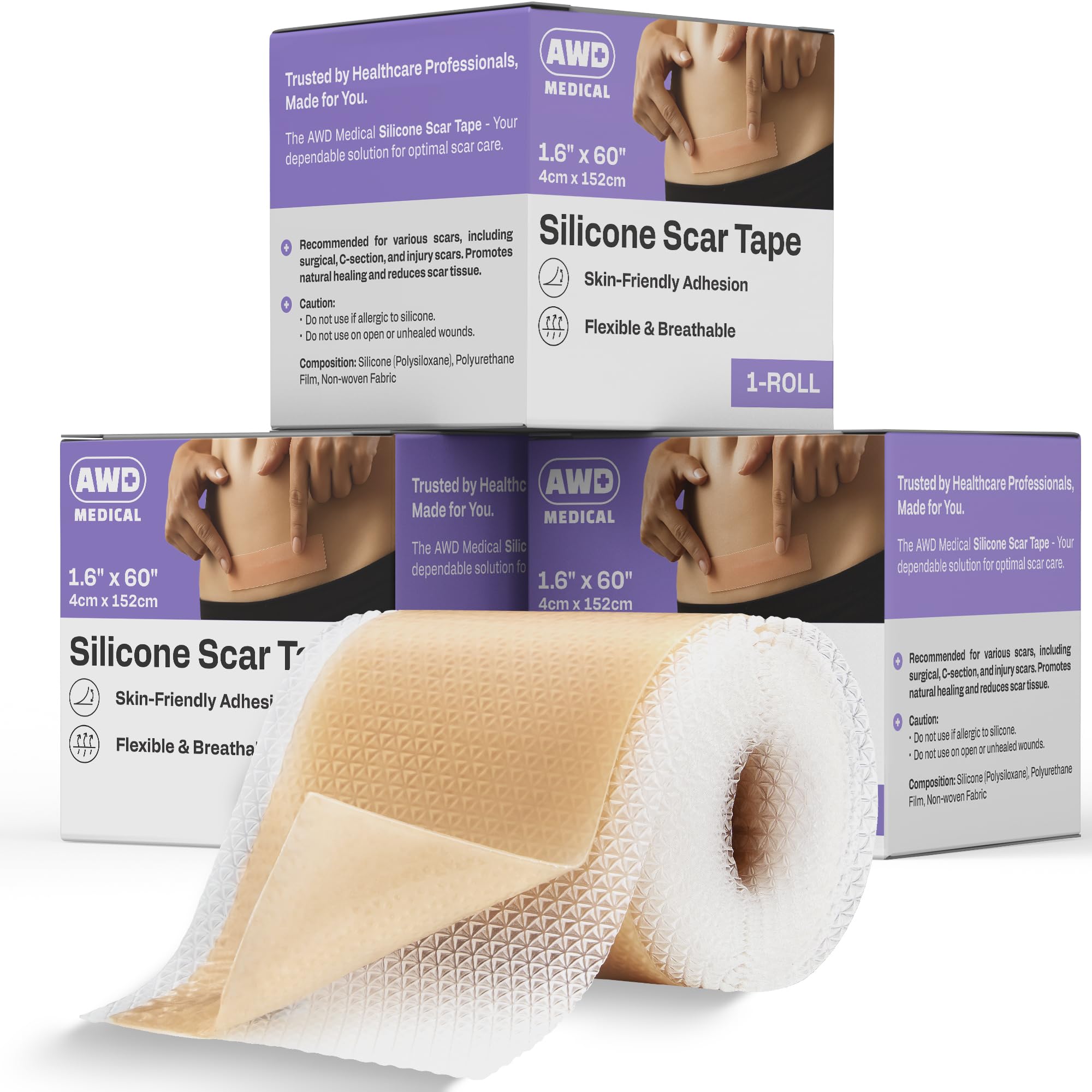 AWD Silicone Scar Tape 3 Pack – (3x 60in Rolls) Reusable Silicone Scar Sheets for Surgery, Keloids, Tummy Tuck – Scar Tape for Bump Removal & Postpartum Essentials (180in Total)