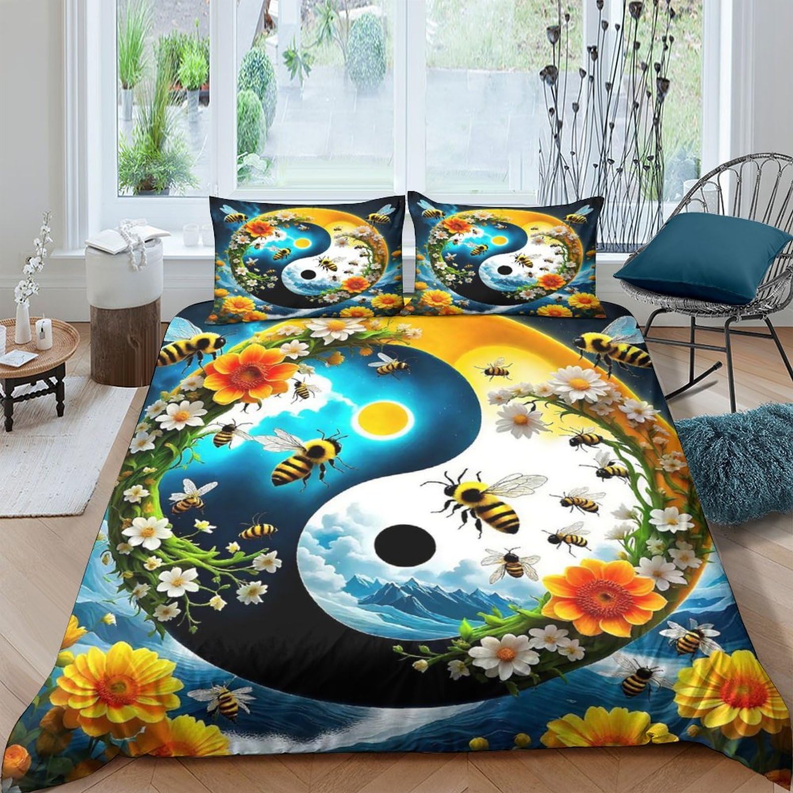 Housse de couette Yin et Yang microfibre anti-plis grand lit King