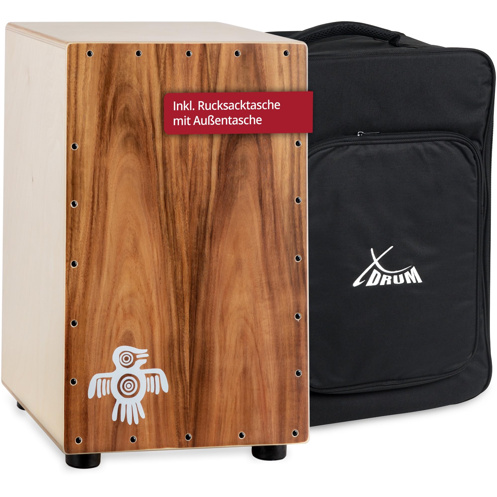XDrum Cajon Peruana Koa, Table d’impact en Koa de 3 mm, 5 cm, Poids: env. 4 | Sons de basse et caisse claire très différenciés et présents, Corps en bouleau 9 mm (7 plis), Clap Corners réglables, 5 cm