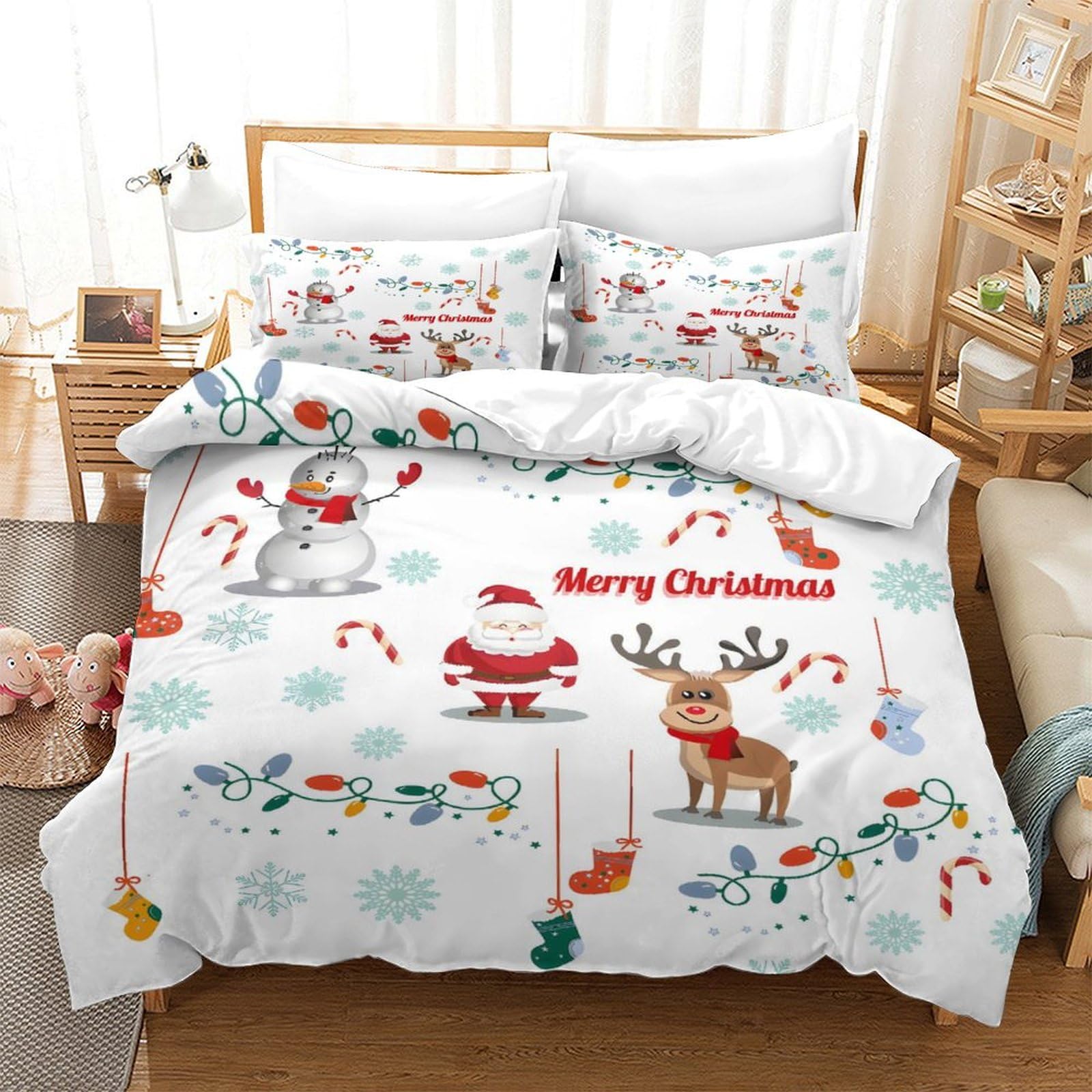 LIAOHENKAN Christmas Deer Snowman 3Pcs Full Size Bedding Set for Kids Boys Girls Ultra Soft Comforter Set with Zipper Closure Breathable Duvet Cover Set Bedclothes Super King（260x220cm）