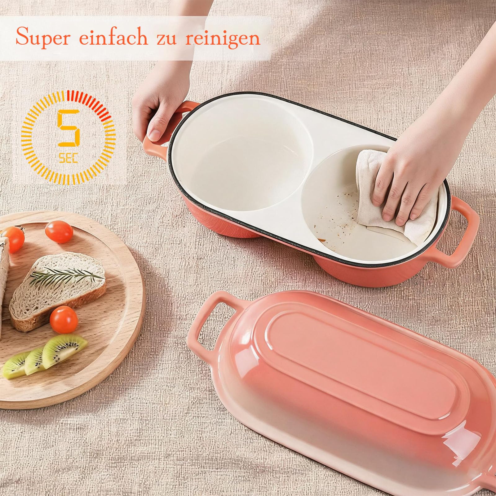 LINMAGCO Emaillierte Brotbackform aus Gusseisen, Brotbackform mit Deckel inkl, zwei runde Backfächer, Dutch Oven mit Deckel, Ofenfeste Handwerker Brotbackform, Gusseisen(Rosa)