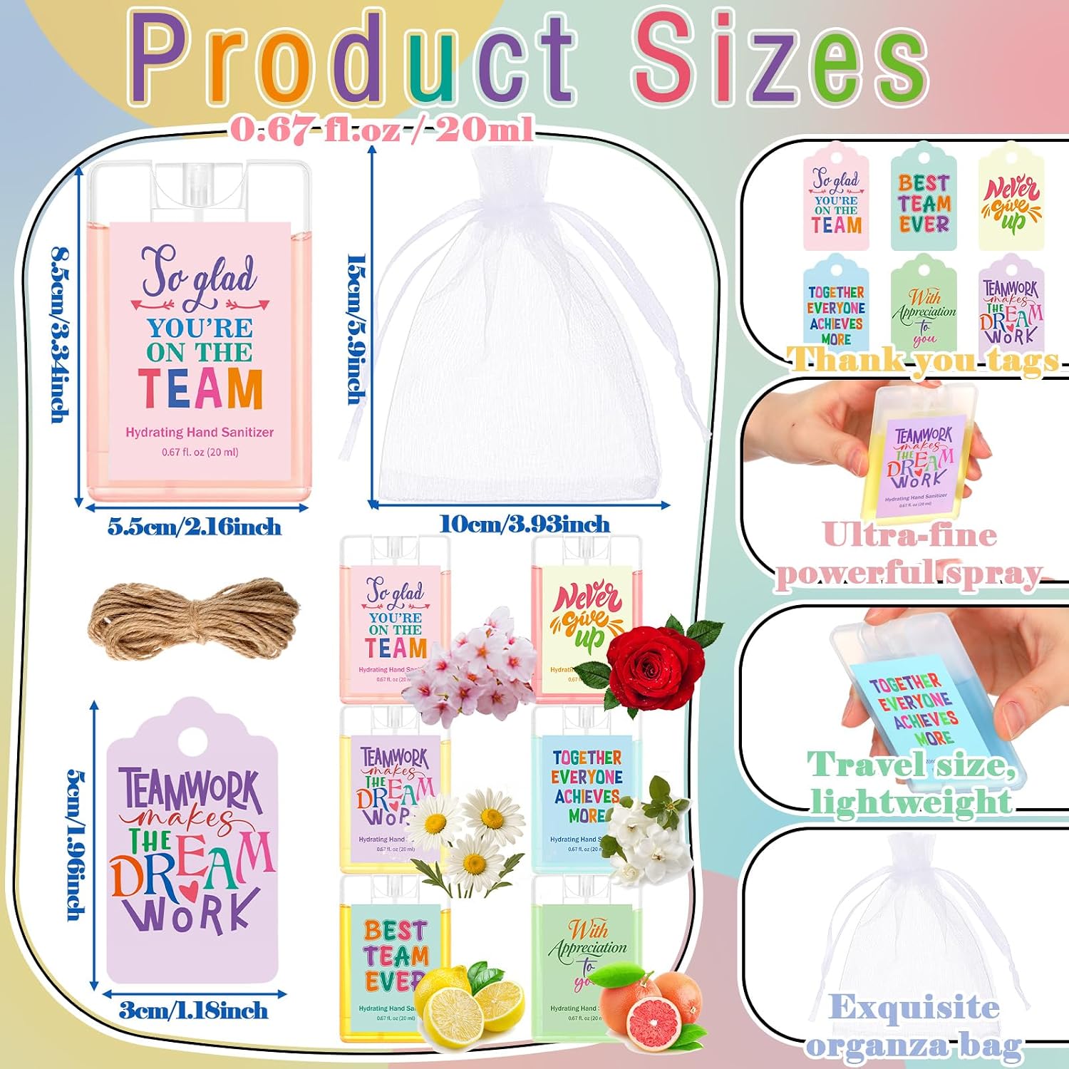 FoldTier 24 Set Thank You Team Employee Appreciation Gifts Bulk Mist Hand Sanitizer Spray 0.67 oz Travel Size with Tags Teacher Appreciation Gifts for Employee Staff Teacher Coworker Nurse
