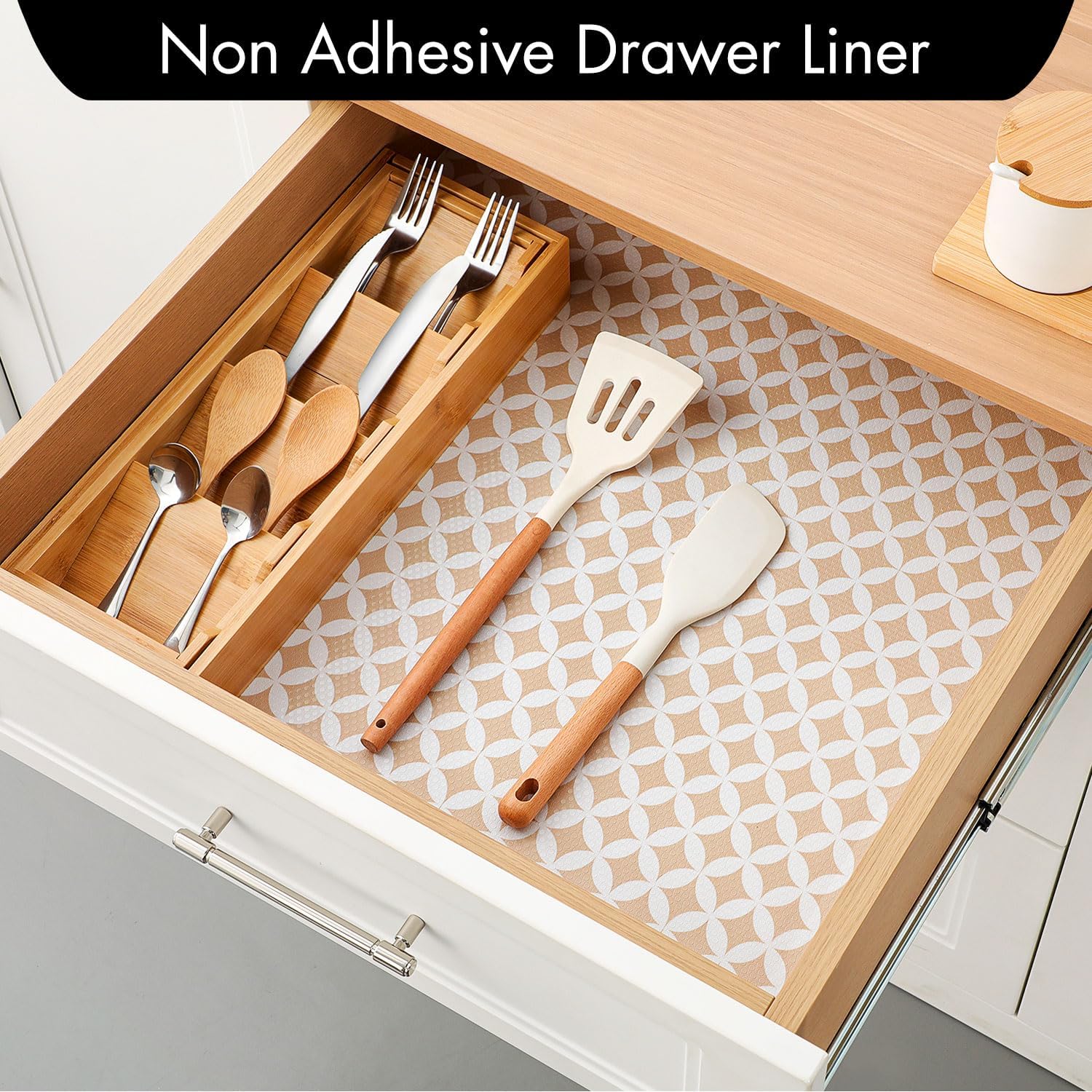 cooyes shelf liner for kitchen cabinets – non-adhesive waterproof eva liner for drawers and cabinets – durable, easy-to-cut shelf paper with modern pattern khaki 23.6"w x 236"l