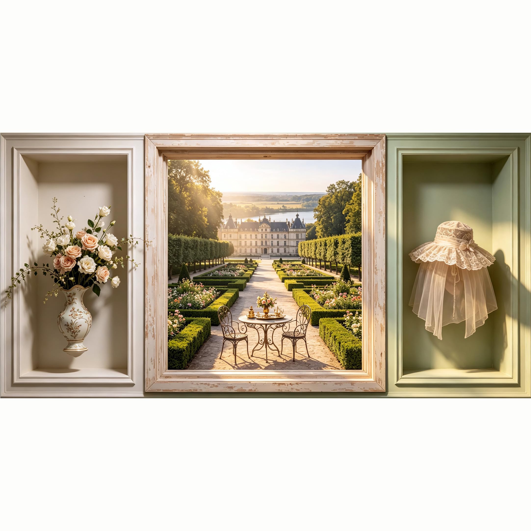 QZLITHOTIC 50x100cm 3D Framed Wall Art， European Chateau Garden Landscape Self‑Adhesive Mural， Water‑Activated Peel & Stick Fabric Decor Wall Decal for Bedroom Living Room