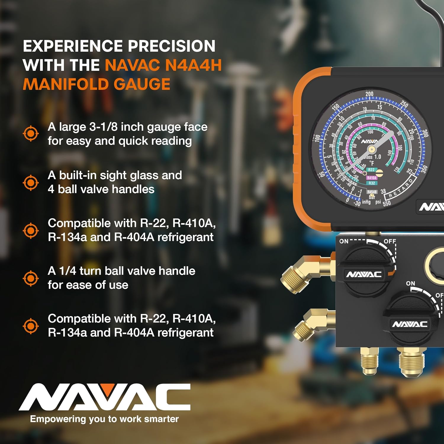 NAVAC N4A4H Manifold Gauge | Class 1.0 Accuracy | Impact-Resistant HVAC Gauge | Aluminum Body and Rubber Cover | Easy-to-Read Analog Display | 4 Valves | with Hoses | 1 Year Warranty