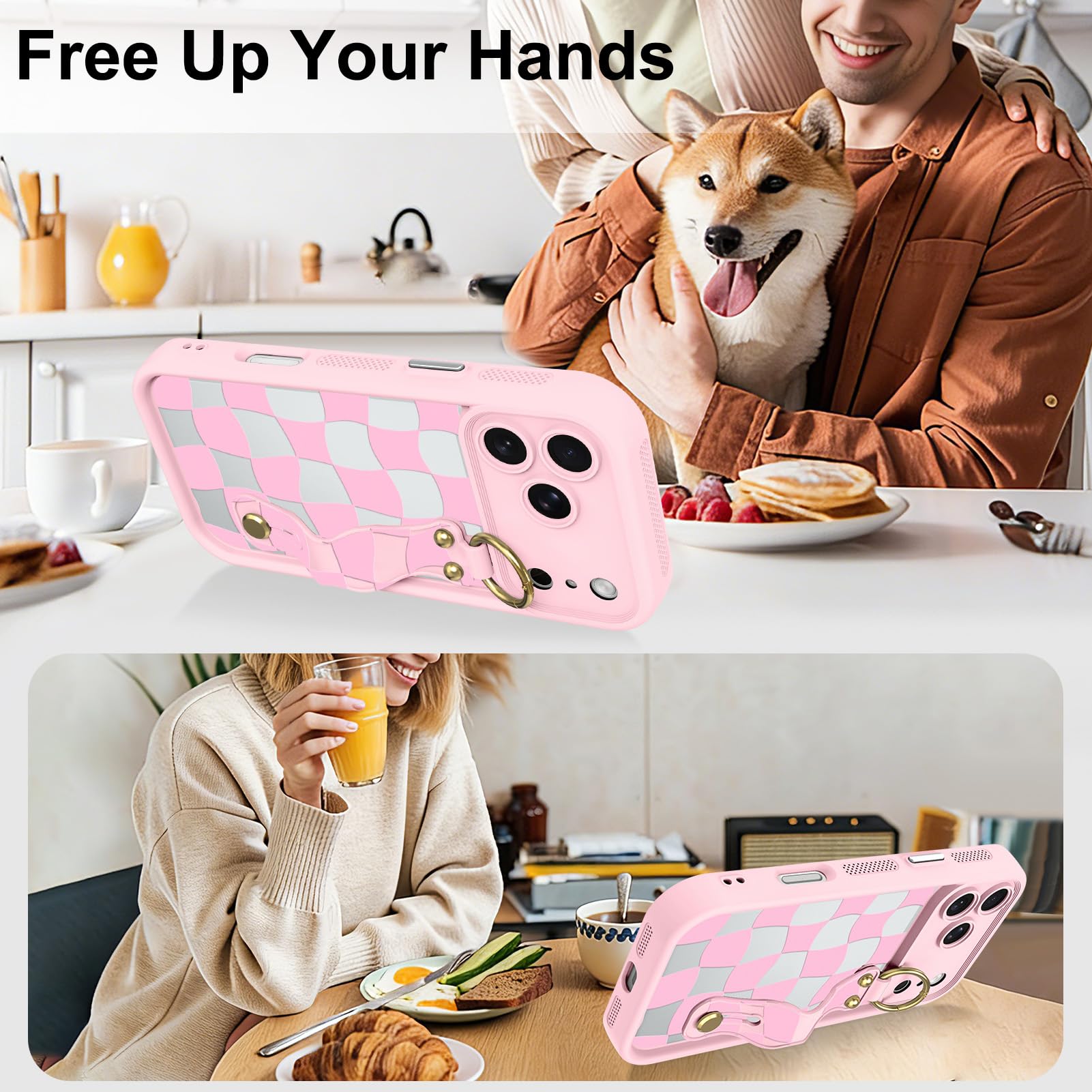 Fiyart Funda a cuadros para iPhone 17 Pro Max con correa de muñeca, soporte