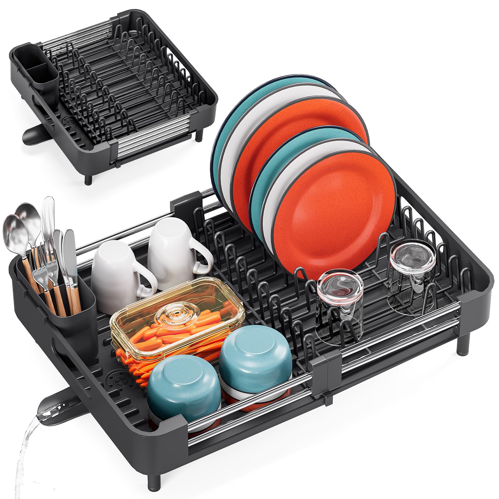 TOOLF Dish Drying Rack with Drainboard, Extendable Dish Rack for Kitchen Counter, Expandable Dish Drainer, Dish Strainer, Foldable Home Countertop Plate Storage Rack with Cutlery Holder, Black