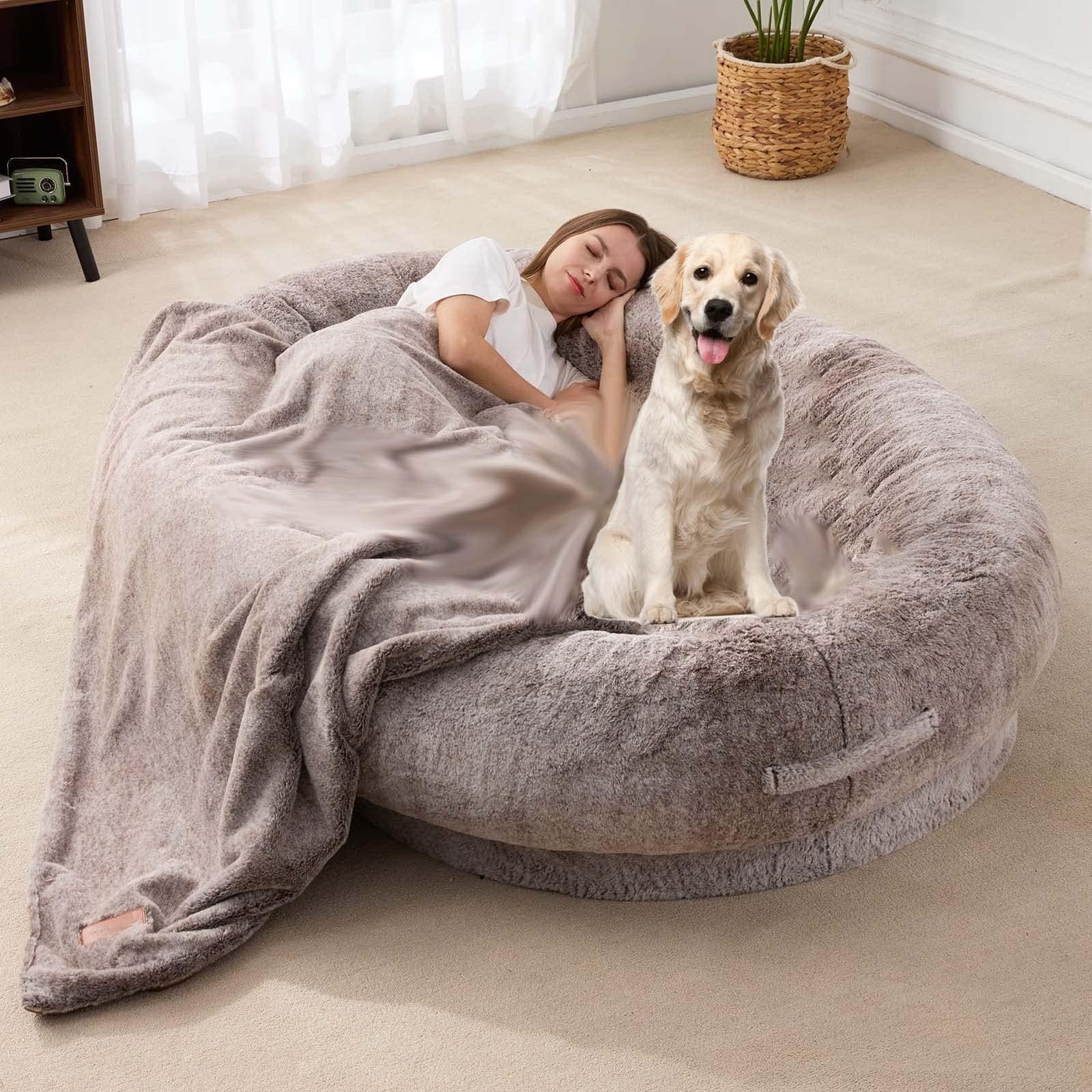 Groundlevel Oversized Fux Fur Human Pet Bed With Phone Pouch Adult
