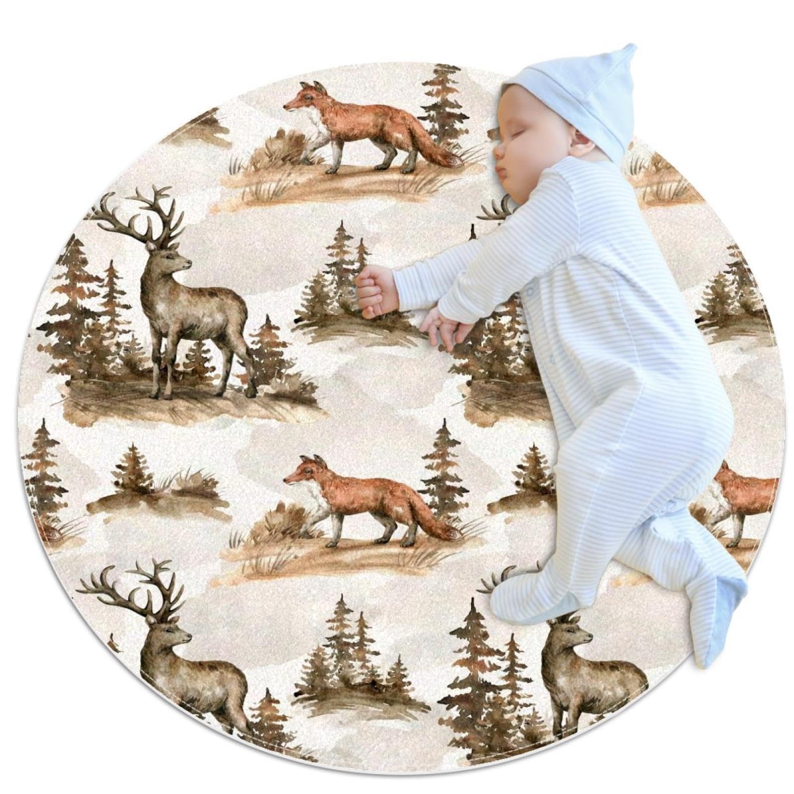 Tapis de bain motif aquarelle cerf renard design rond