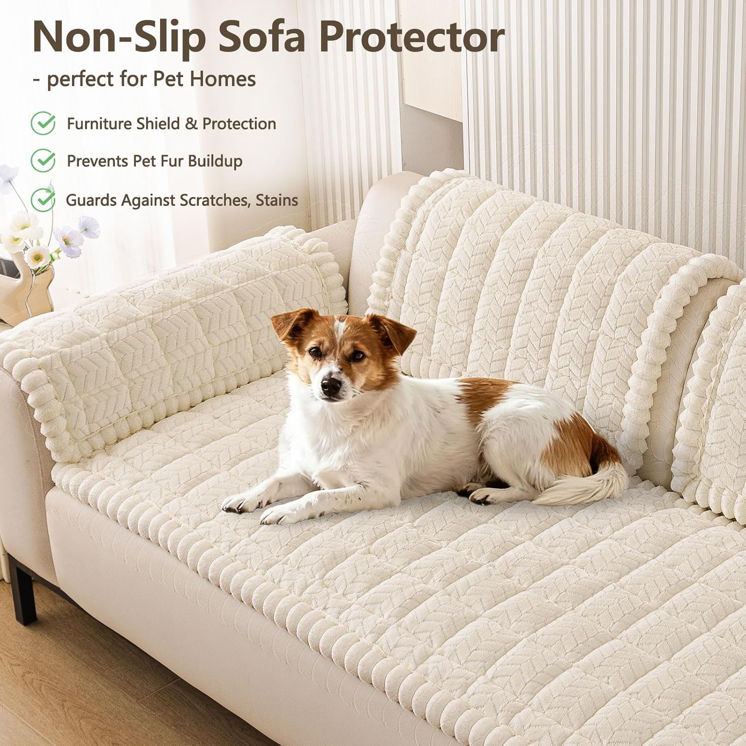 smiry non slip couch covers for dogs, fuzzy pet couch covers for 3 cushion sofa pet friendly, soft sofa slipcovers cushion furniture protector washable (beige, 27.6" x 82.7") beige 27.6" x 82.7"