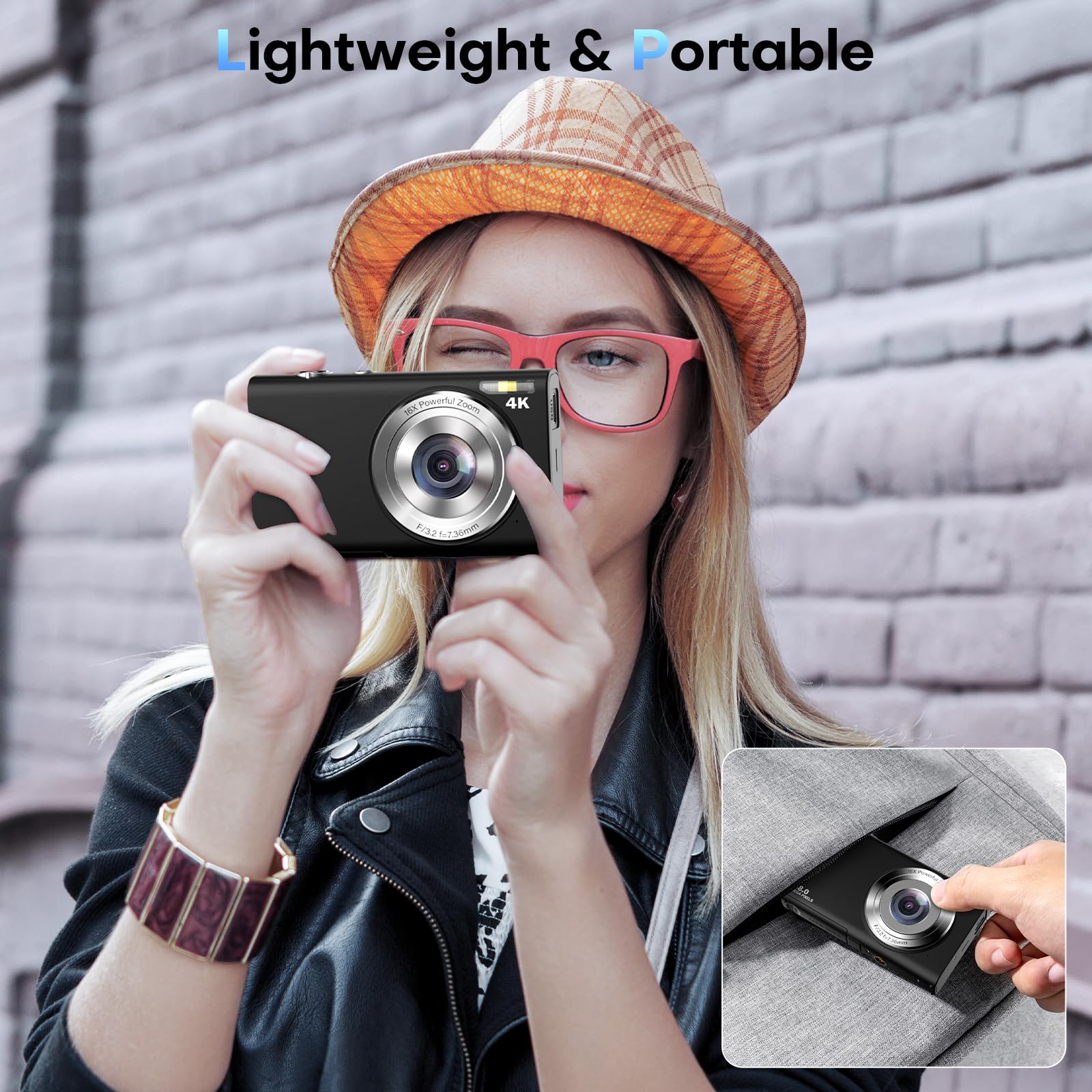 Aparat fotograficzny, 4K Autofokus Fotoaparat z kartą SD 32 GB HD 48MP z 2,8-calowym dużym ekranem, 16-krotny zoom cyfrowy, kompaktowa mini kamera przenośna dla dorosłych, początkujących (czarny)