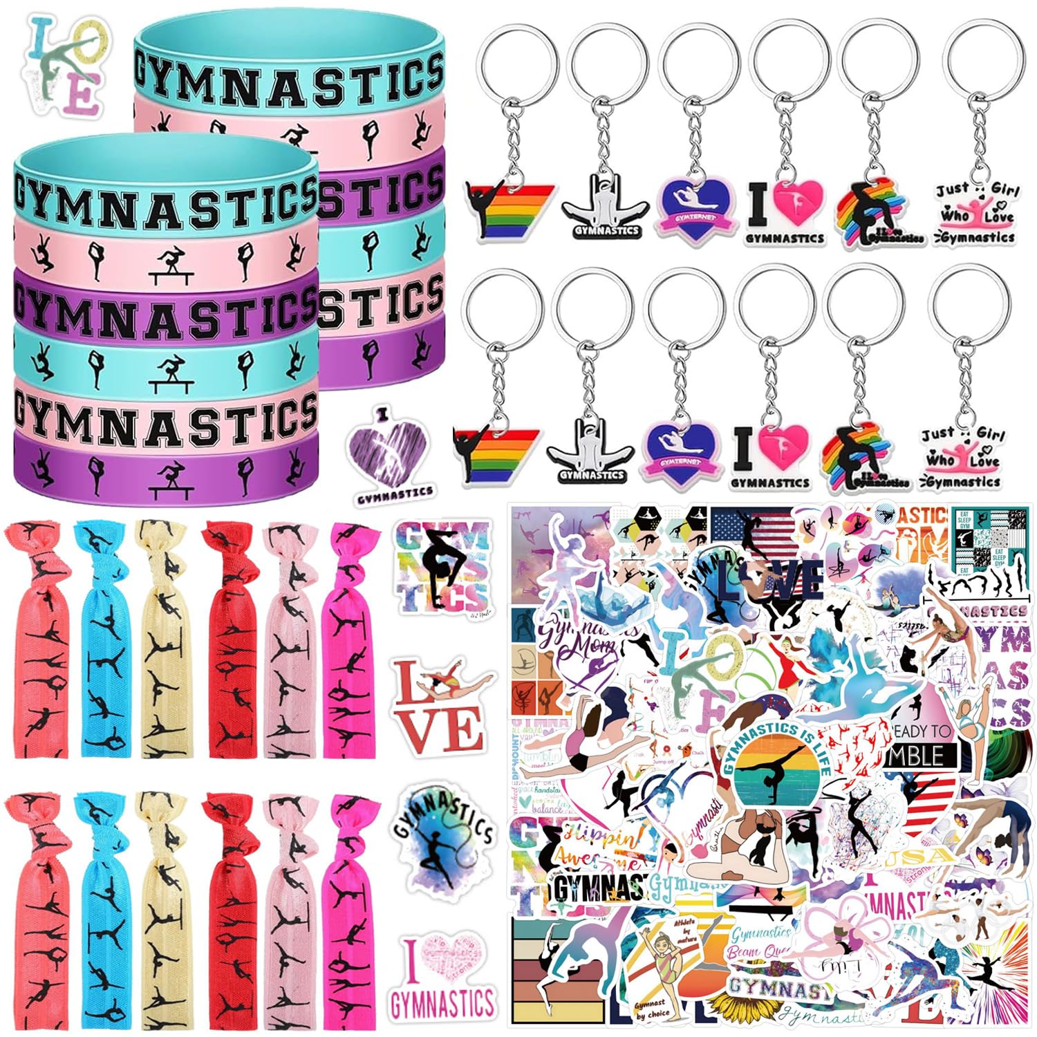 WILLMYGO 136PCS Gymnastics Party Gifts Supplies with Hair Ties Silicone Bracelets Keychains and Vinyl Stickers for Gymnastics Themed Birthday Party Decorations Goodie Bag Stuffers Carnival Prizes