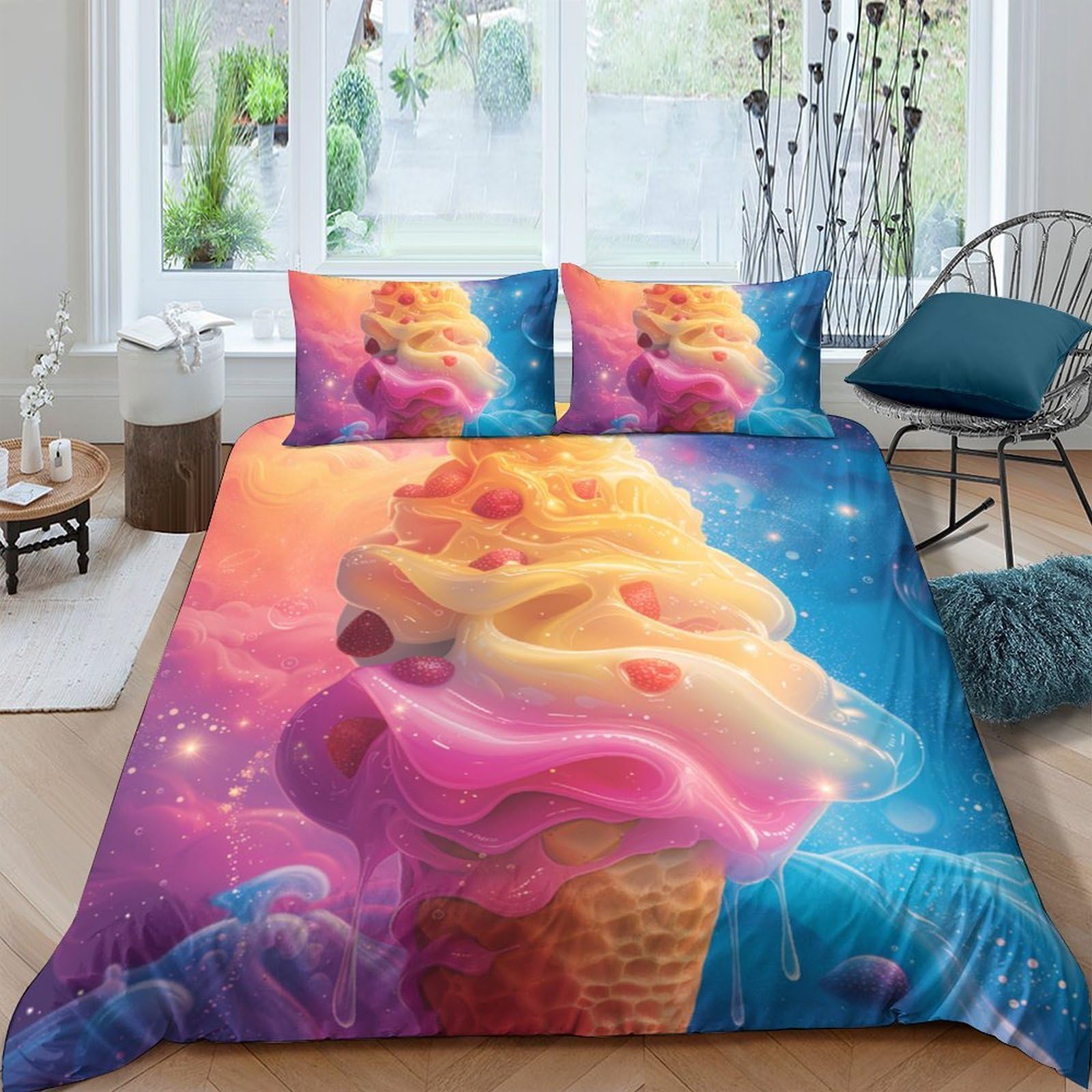 Ctjqhvkz Style-9 3D Printed Ice Cream Dream Fitted Sheet Microfiber Vibrant Pastel Bed Sheet For Bedroom Dorm Decor Protection Single（135X200cm）