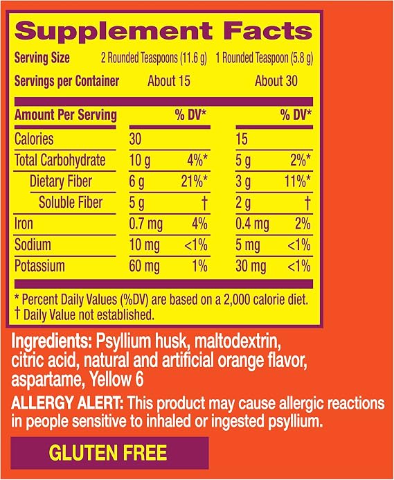 Metamucil 4 in 1 Daily Fiber Supplement Powder, Fiber Powder for Digestive Health and Regularity*, Sugar-Free, Orange, Naturally Sourced Psyllium Fiber, 30 teaspoons