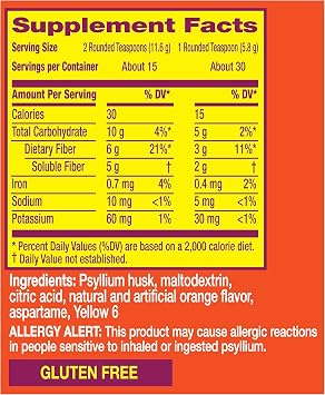 Metamucil 4 in 1 Daily Fiber Supplement Powder, Fiber Powder for Digestive Health and Regularity*, Sugar-Free, Orange, Naturally Sourced Psyllium Fiber, 30 teaspoons