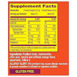 Metamucil 4 in 1 Daily Fiber Supplement Powder, Fiber Powder for Digestive Health and Regularity*, Sugar-Free, Orange, Naturally Sourced Psyllium Fiber, 30 teaspoons
