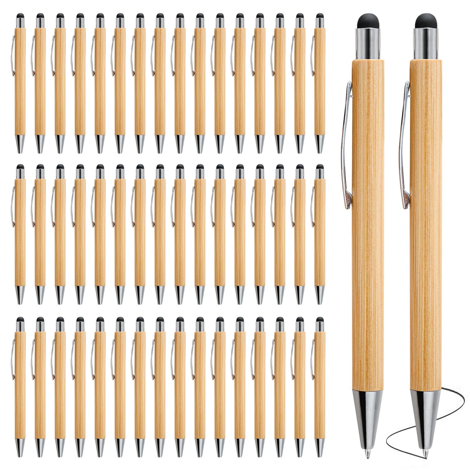 Bordeag Pack of 50 Bamboo Wooden Ballpoint Pens - Ballpoint Pen - 2 in 1 - Personalised Pens - Ink Pen - Soft Touch Pen for School or Office Travel