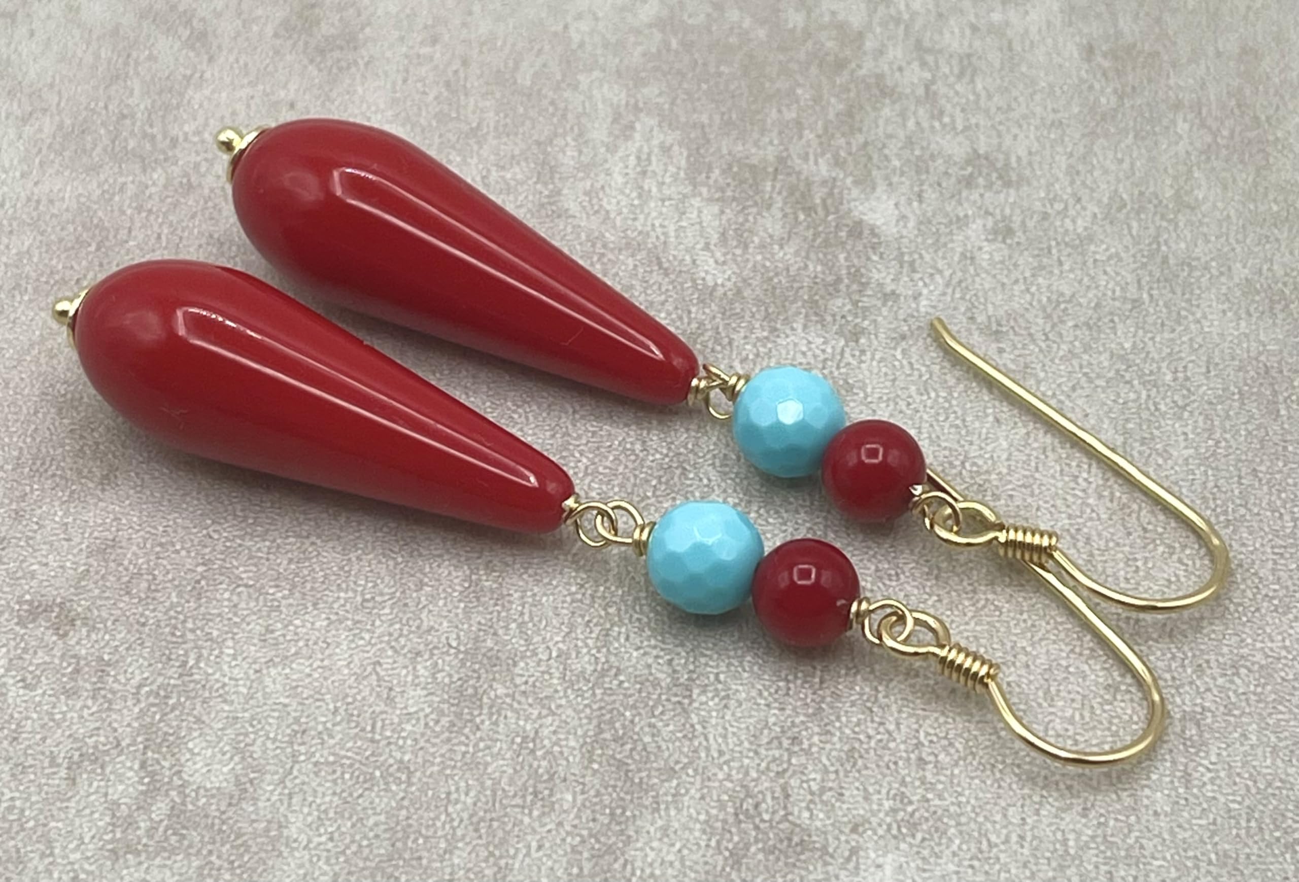 Orecchini con Gocce Rosse Corallo e Turchesi, Pendenti Lunghi, Vermeil Oro 24 K, Gioielli Artigianali, Bijoux Estate, Made in Italy