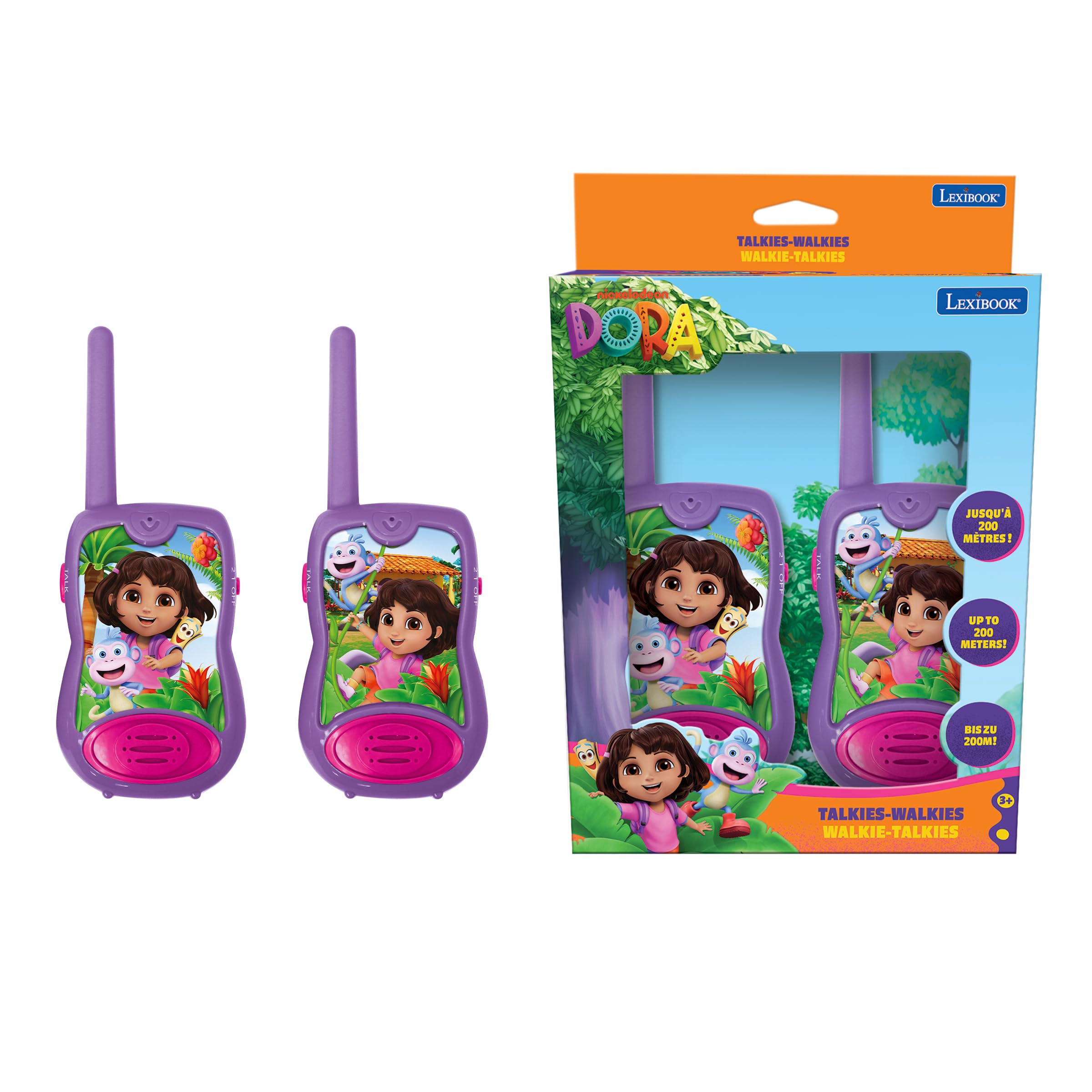 Lexibook, Dora the Explorer, 200m Walkie-Talkies, Communication Game for Children, 2 Communication Channels, Belt Clip, Battery Operated, Pink, TW12DOR