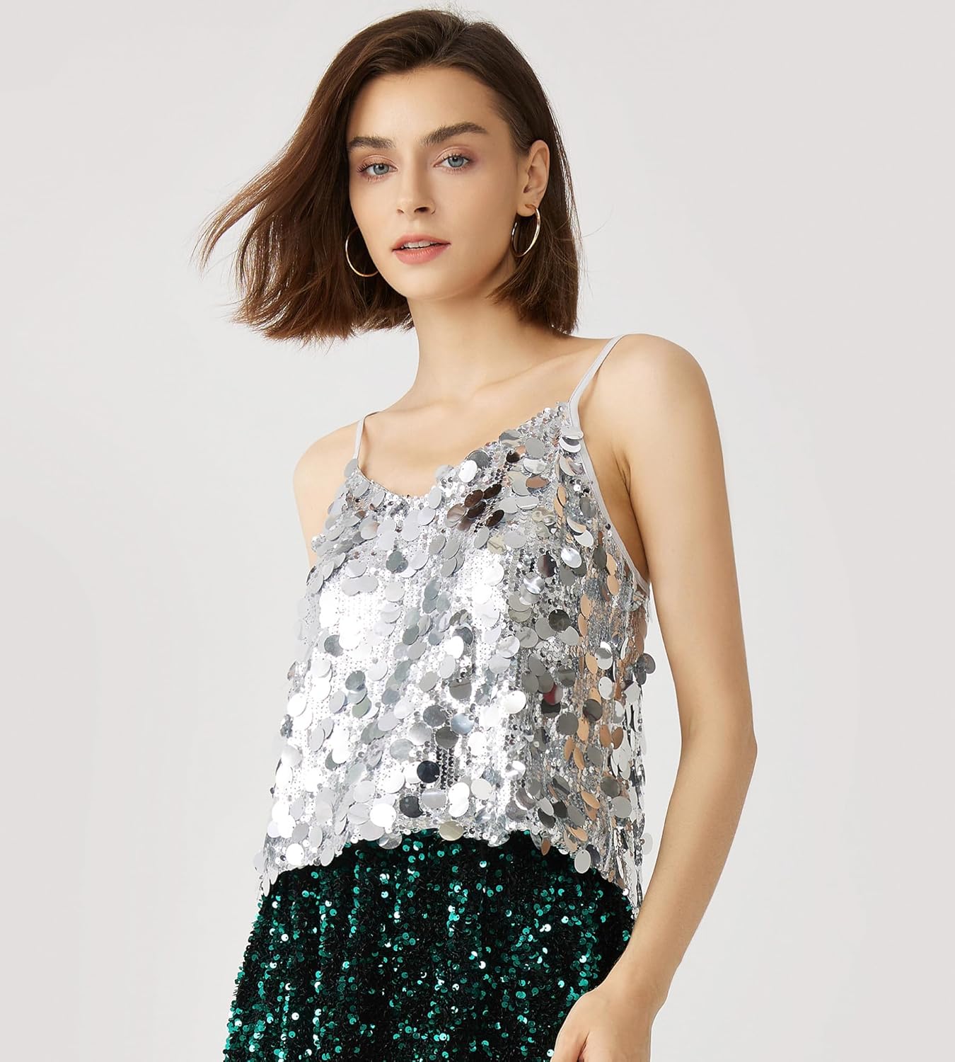 Women's Sequin Tops - V-Neck Sparkle Tank Tops - Spaghetti Strap Shimmer Camisole Party Club Cocktail Cami - Image 3