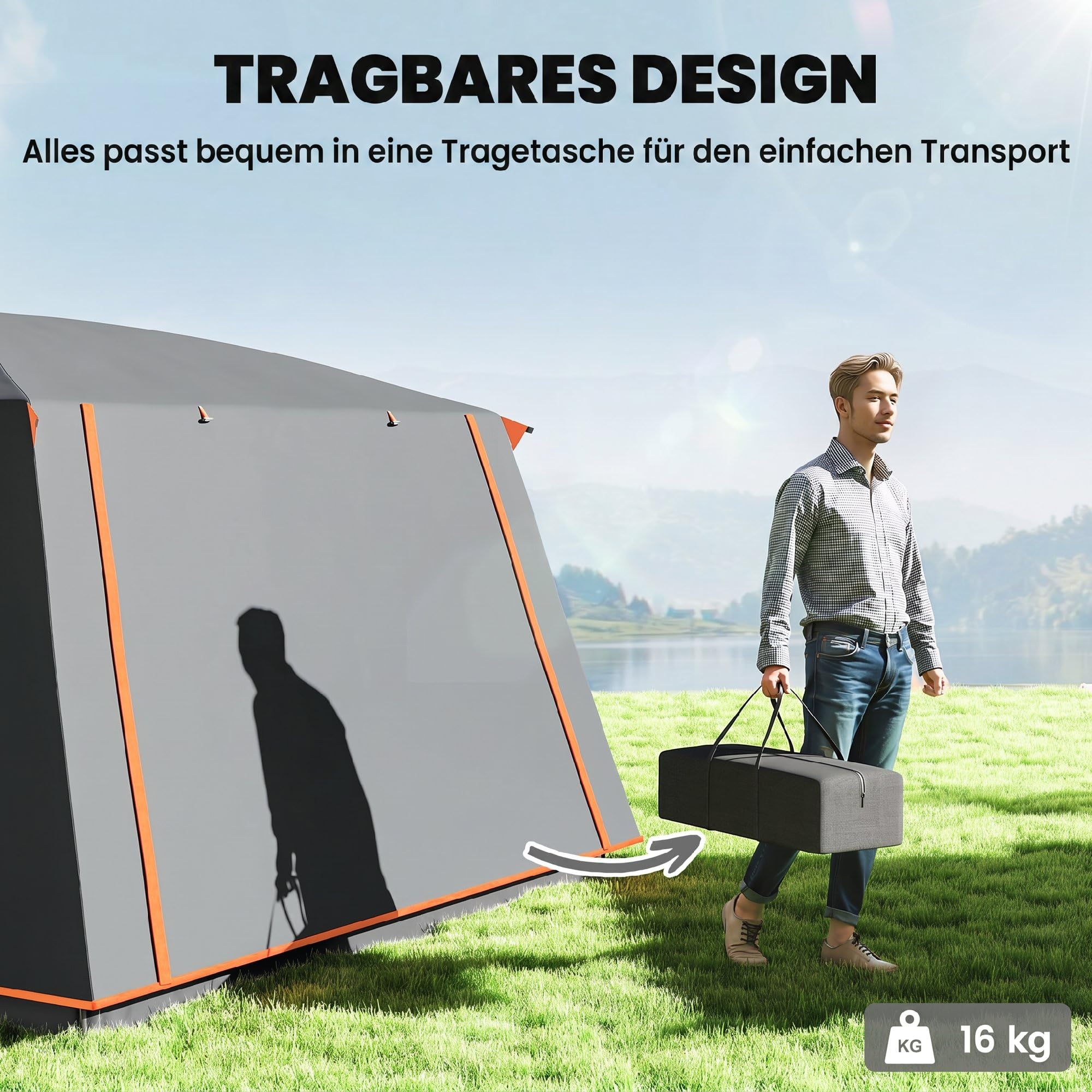 Outsunny Campingzelt für 4 Personen leicht, stabil wasserabweisend Tunnelzelt mit Vordach Bodenplane Seitentür Fenster Packtasche 3000mm Wassersäule groß Familienzelt Zelt für Camping Reise Garten