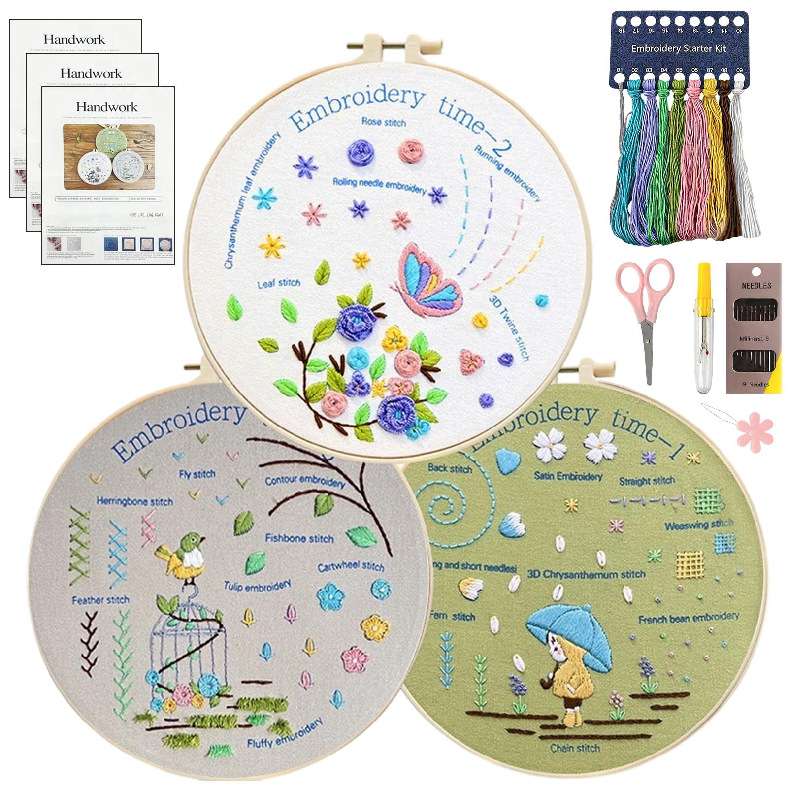 Zeeorymn﻿ Embroidery Kit for Beginners,3-Pack Embroidery Starter Kit Including 31 Stitches Learning Step-by-Step Guide, Including Pre-Patterns, Threads, Needles and Hoop, Craft Kits for Adults