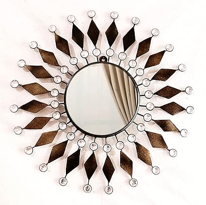 Iron Decorative 20 inch Glass 10 inch Wall Mounted Hanging Metal, Round Leaf Design Modern Art Mirror Antique Style Sculpture (Black) (Antique)