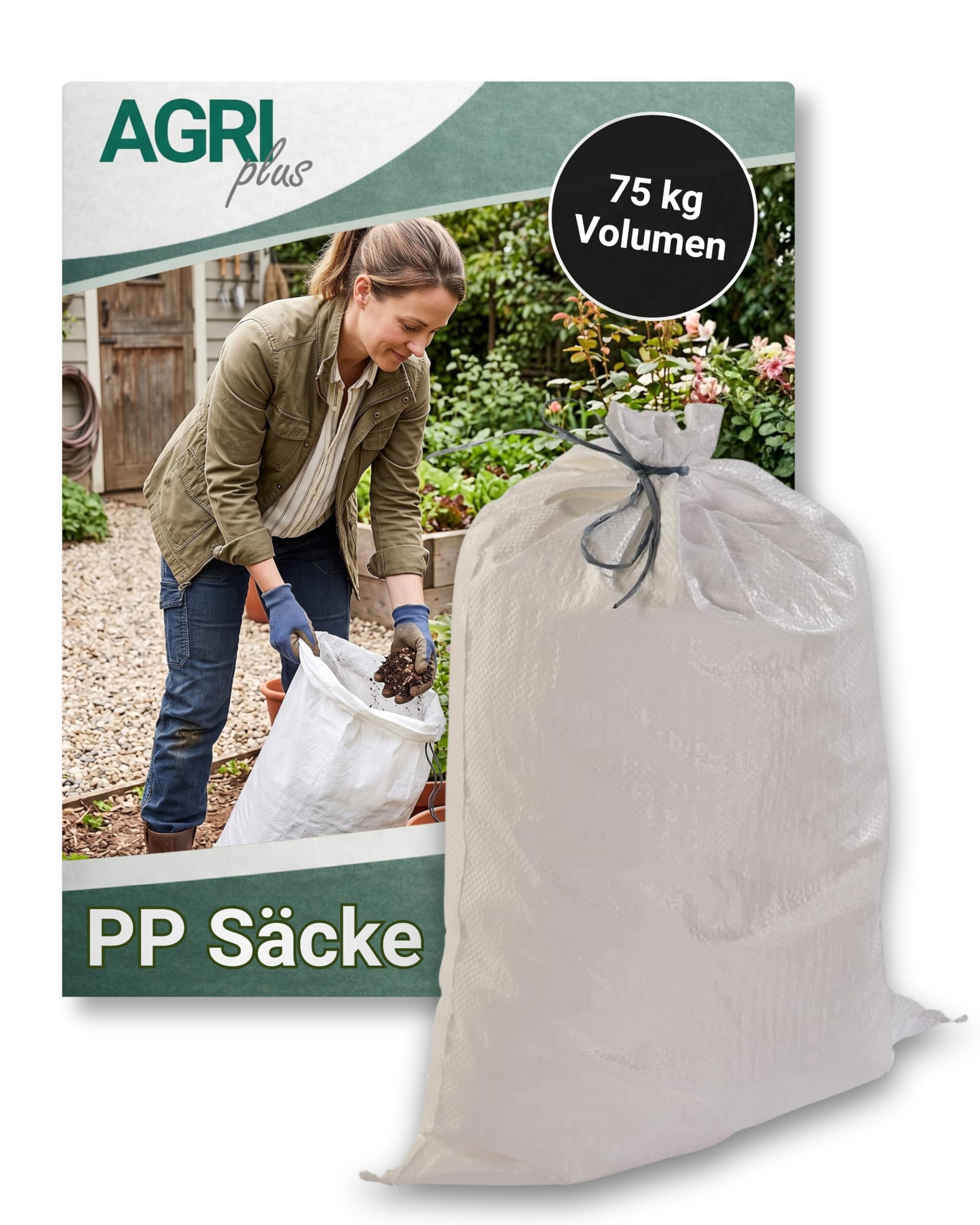 AGRIplus Gewebesäcke 100 Stück I 650 x 1350 mm I Bändchengewebesäcke aus Polypropylen I Säcke mit stabilem Boden & 75 kg Volumen I Vielseitig einsetzbar für Bau & Garten