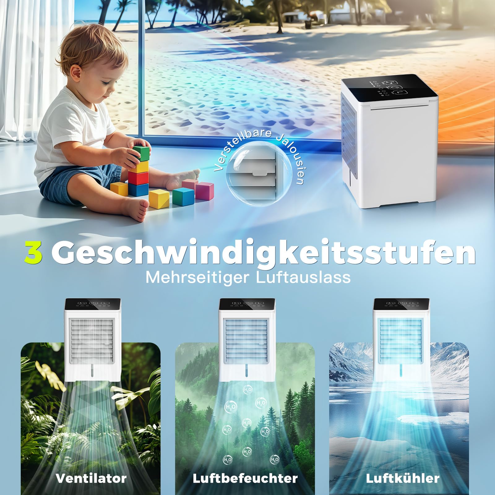 Klimaanlage Mobil ohne Abluftschlauch, 470 ml Luftkühler mit Wasserkühlung, USB Ventilator Leise mit 3 Stufen, Timer & Touchscreen, Mobiles Klimagerät für Schlafzimmer Zimmer Zuhause, Weiß