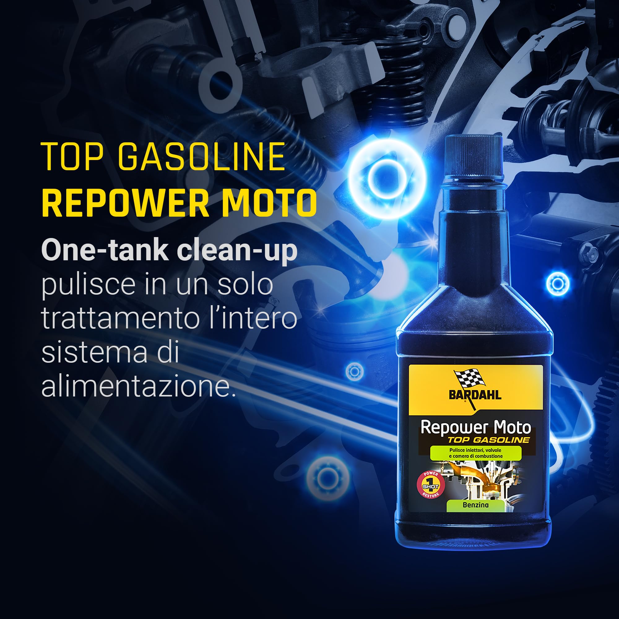 Bardahl - Repower Moto Top Gasoline - Pulisce Iniettori, Valvole e Camera di Combustione, Rimuove Depositivi, per Motori Benzina 2T e 4T Moto, Scooter, 150 ml