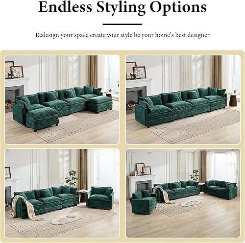 Miniatura 8 de Sofá seccional modular verde de 111.5", sofás seccionales grandes de 3 plazas para sala de estar, sofá nube oversized de tela chenille con otomana,