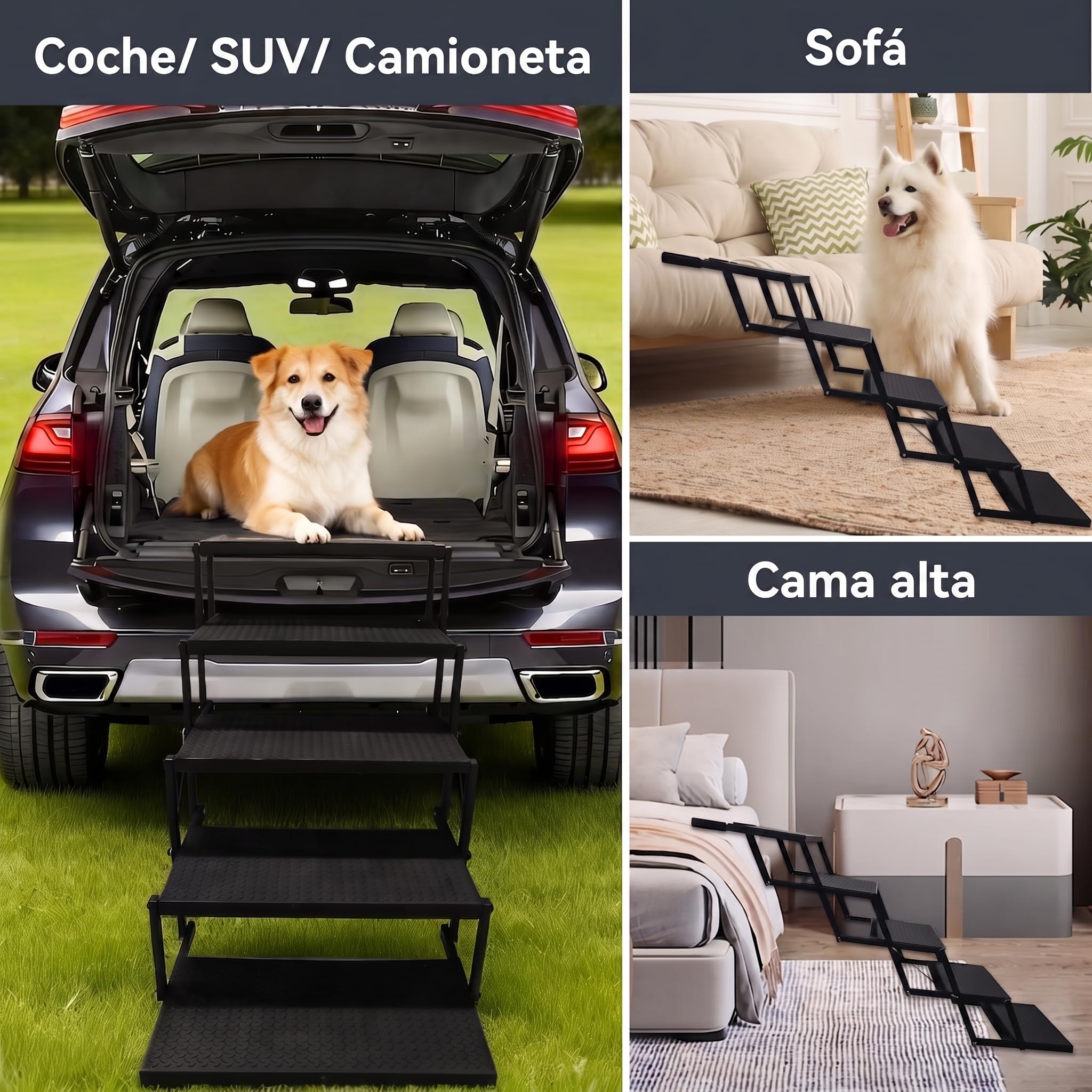 Niubya Escalera Plegable para Perros para Coche, SUV, Camión – 6 Peldaños, Antideslizante, Soporta hasta 113 kg, Ancha (43 cm) – Ideal para Perros Grandes, Mayores o con Problemas de Movilidad